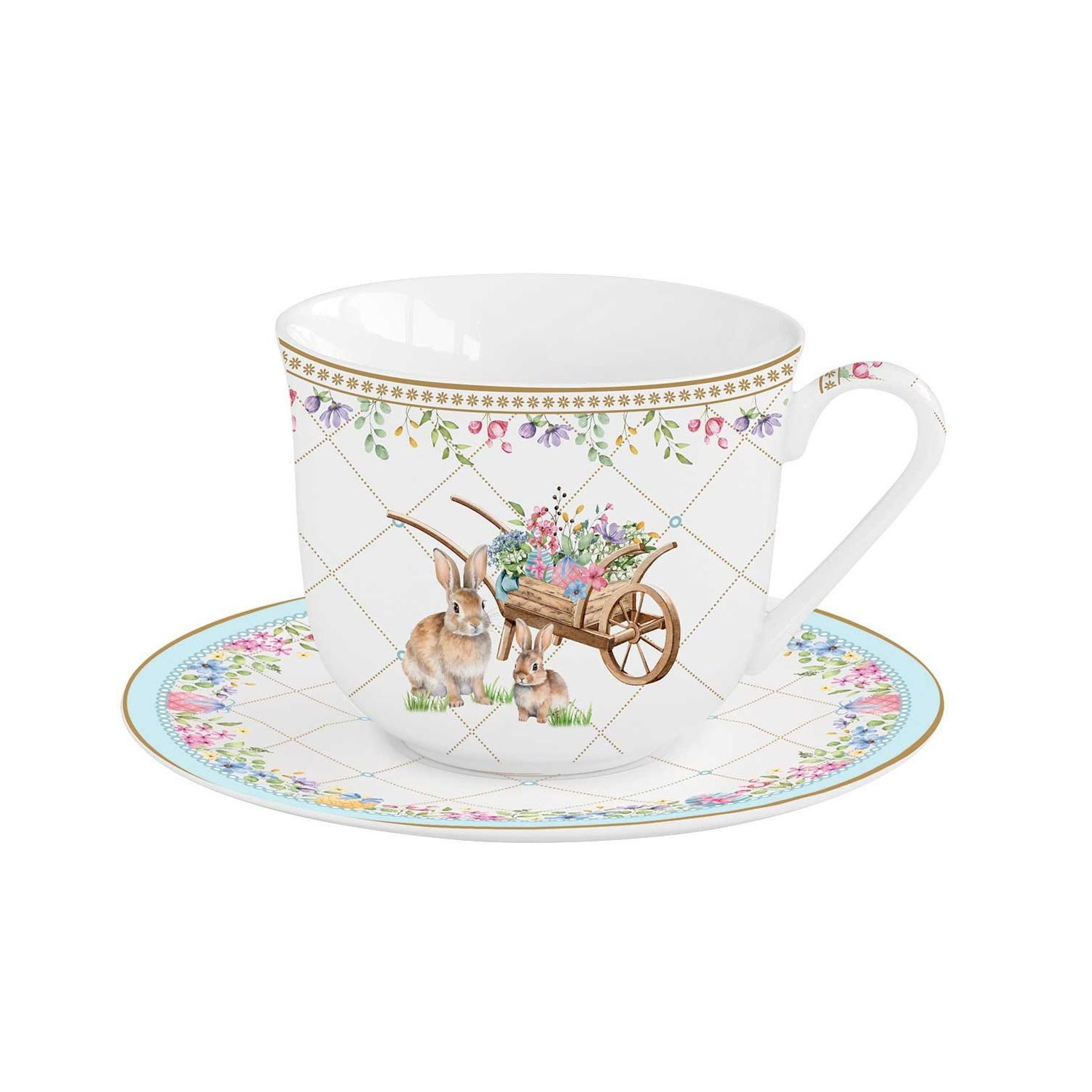 EasyLife Tasse Spring Bloom, Porzellan, Spülmaschinengeeignet, Weiß, Motiv: Hasen & Blumenkörbe, Höhe: 9cm
