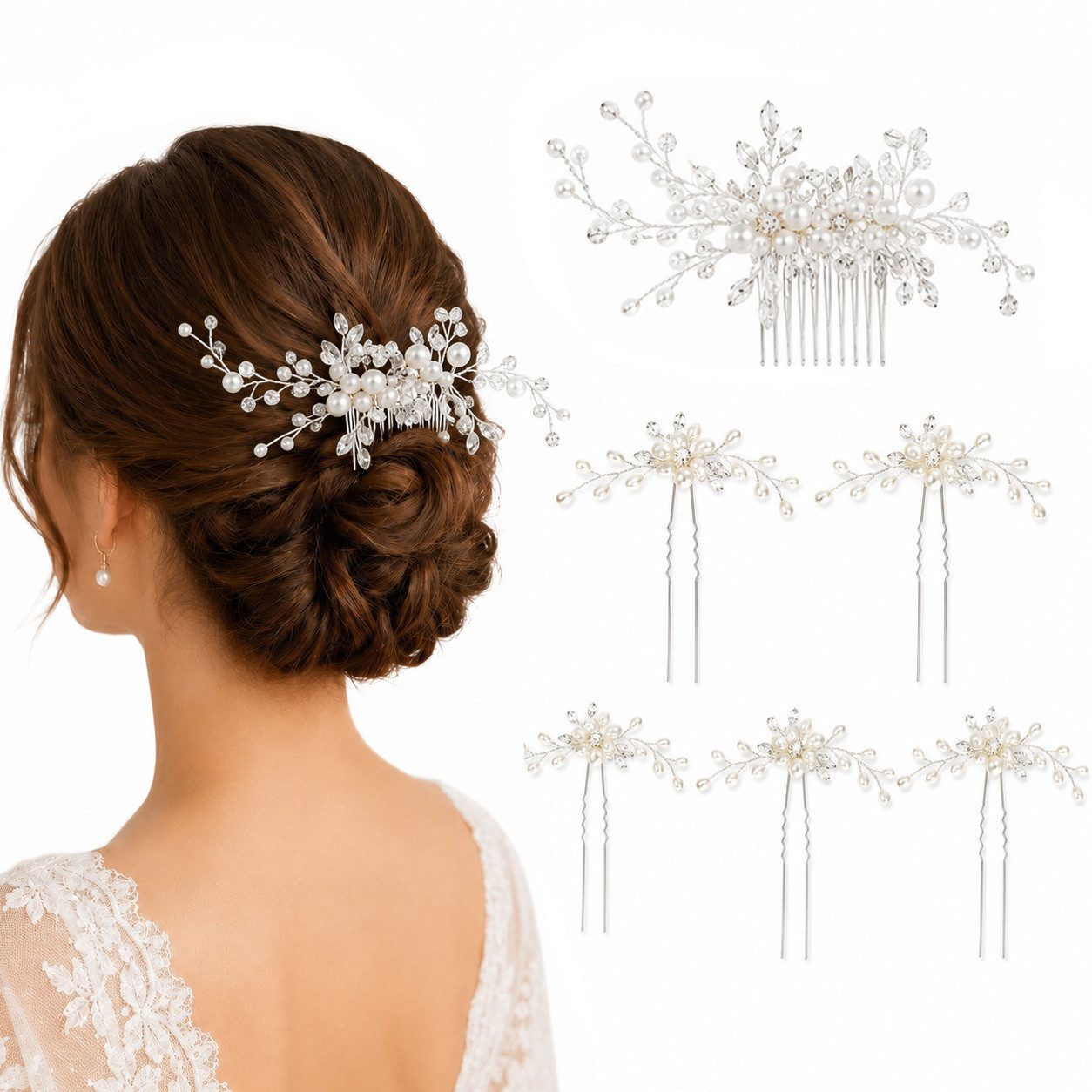MOPUEA Haarspange Haarkamm mit Kristallperlen und Strass-Haarnadeln, Set, 5-tlg., U-förmig Haarspangen Strass, Hochzeits-Haarschmuck für Frauen, Brautjungfern