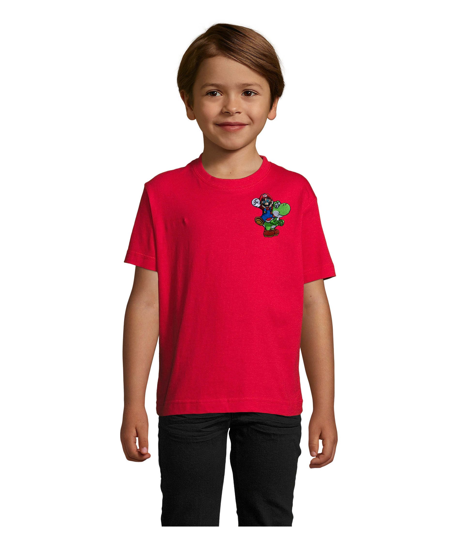 Blondie & Brownie T-Shirt Mario Luigi Yoshi Patch Kinder T-Shirt Retro Gaming Baumwolle Fun tee (Einzelstück, Einzelartikel) Retro Yoshi Abenteuer Patchshirt