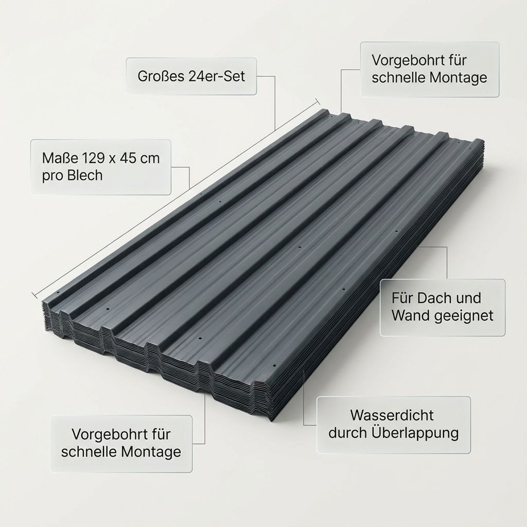 metra-direkt Trapezblech 24er Set Anthrazit - Profilblech, Dachblech, Wandblech 129x45cm, 1290x450x0.25 mm (Set 24-St. 24er-Set) Vorgebohrte Löcher, überlappbar für eine wasserdichte Versiegelung