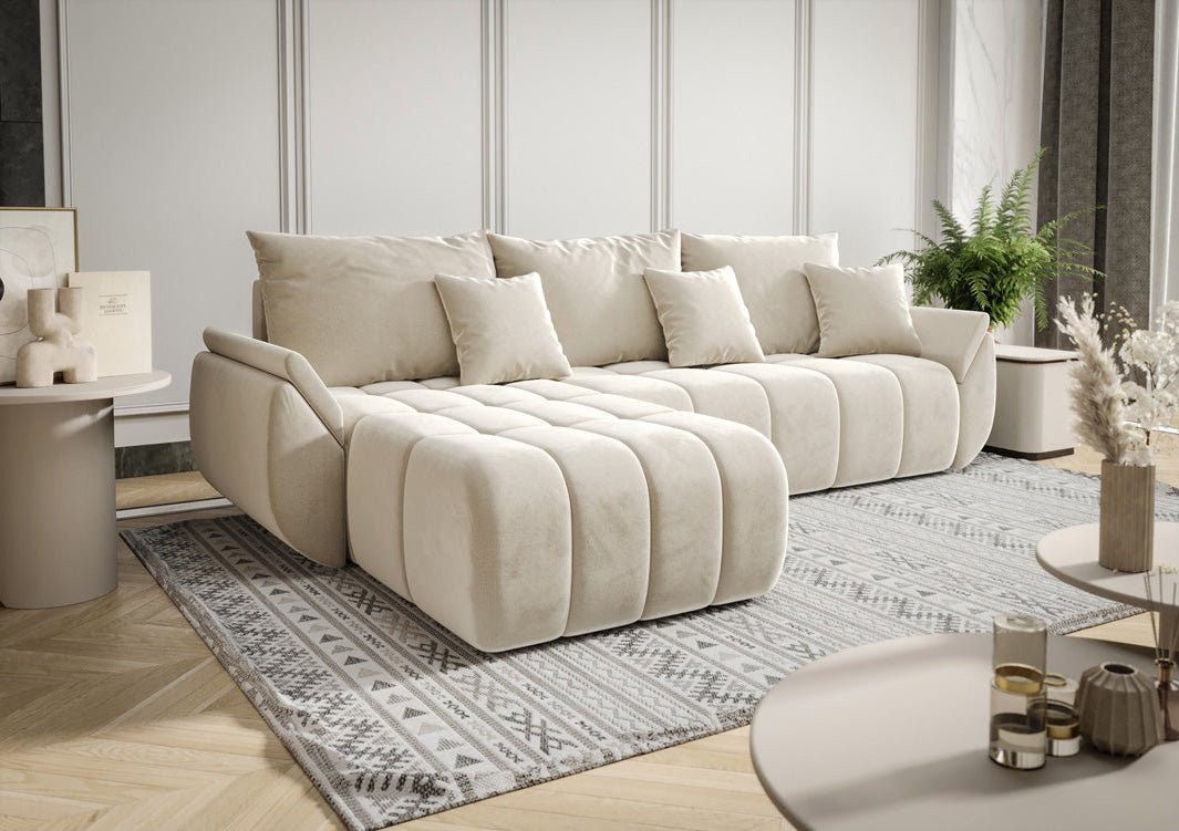 Luxusbetten24 Schlafsofa Designer Sofa Lenoa L in Samt, mit Stauraum und Schlaffunktion