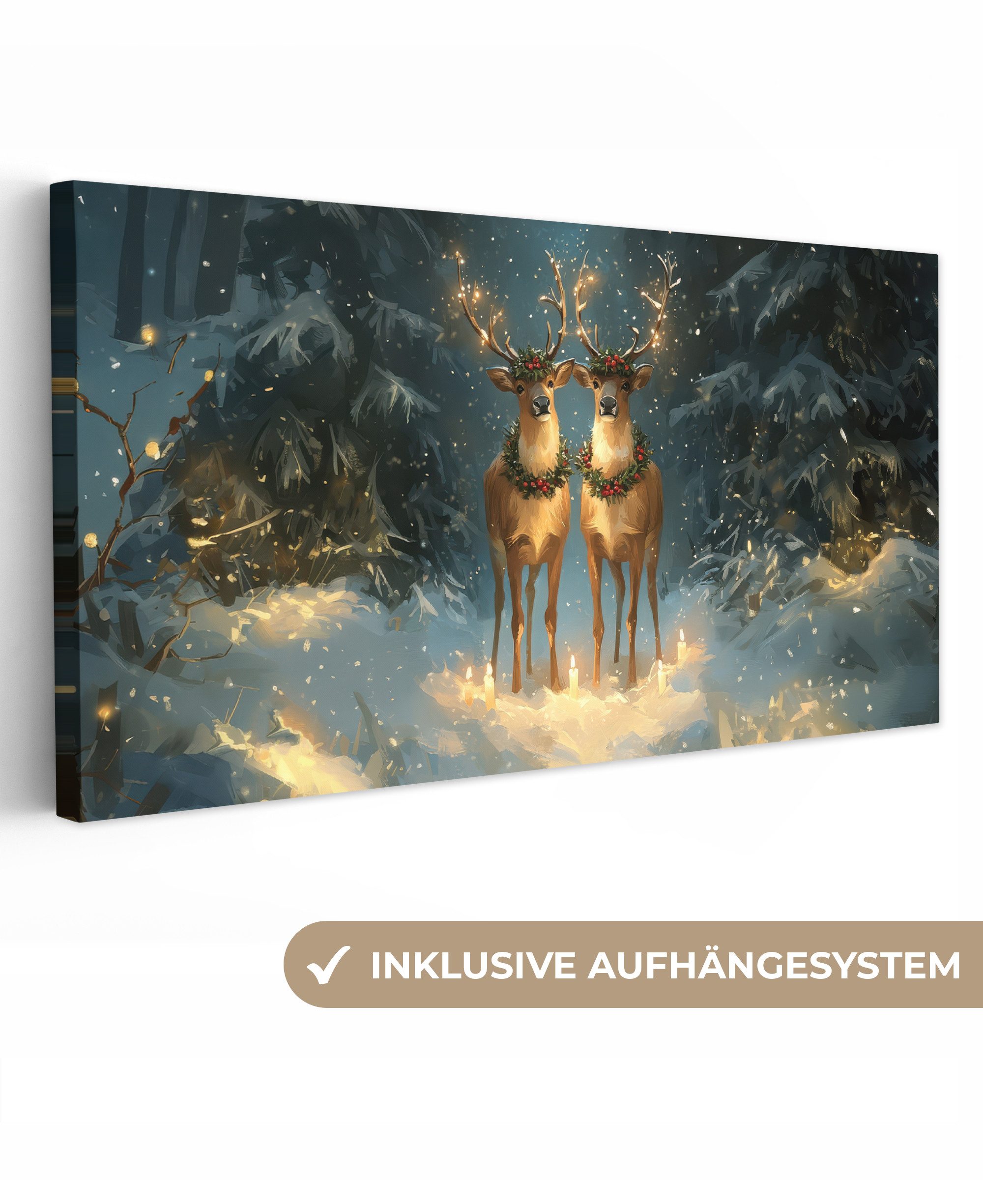 OneMillionCanvasses® Leinwandbild Panorama Kiefer-Märchen - Rentier - Nacht günstig online kaufen
