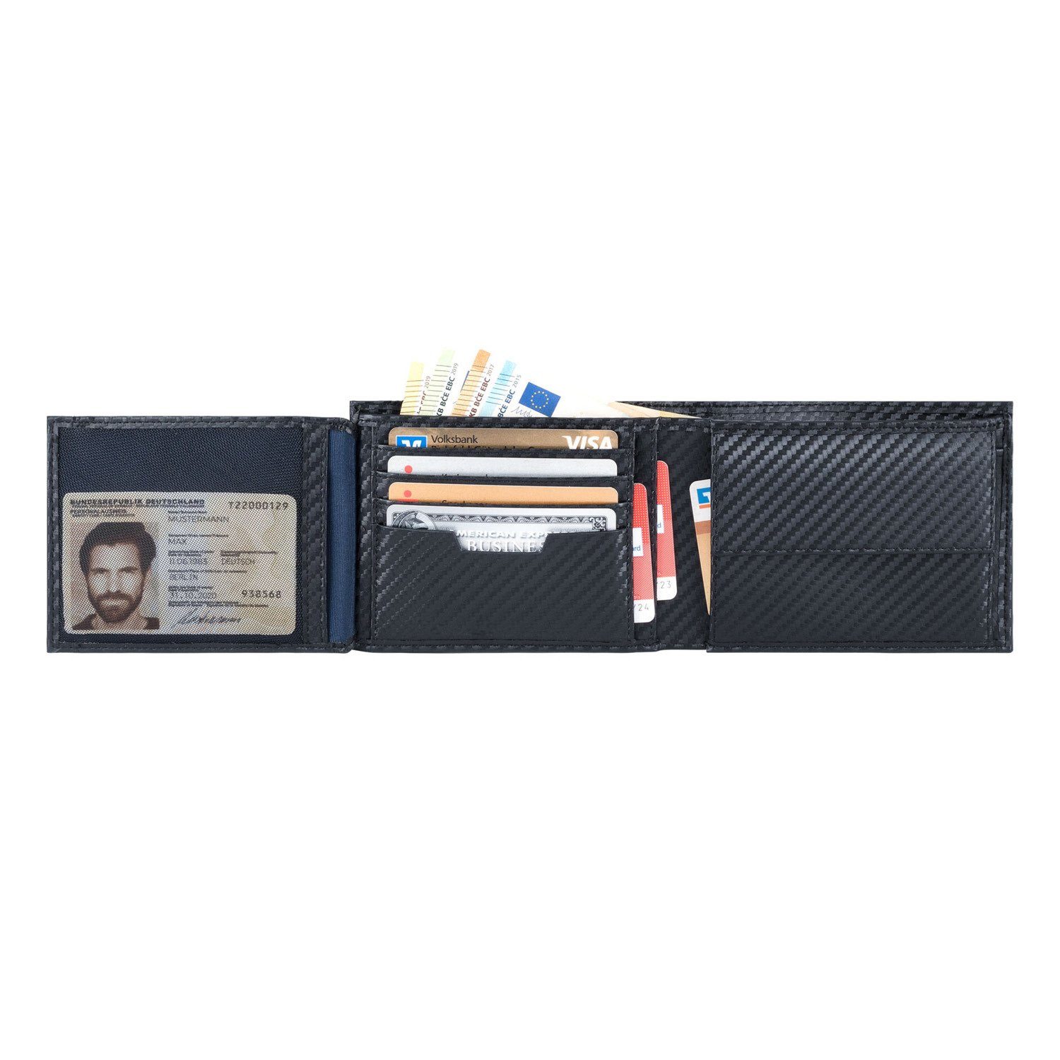 VON HEESEN Geldbörse & inkl. RFID-Schutz mit Carbon-Schwarz Geldbeutel 13 Kartenfächer, Geschenkbox Portemonnaie