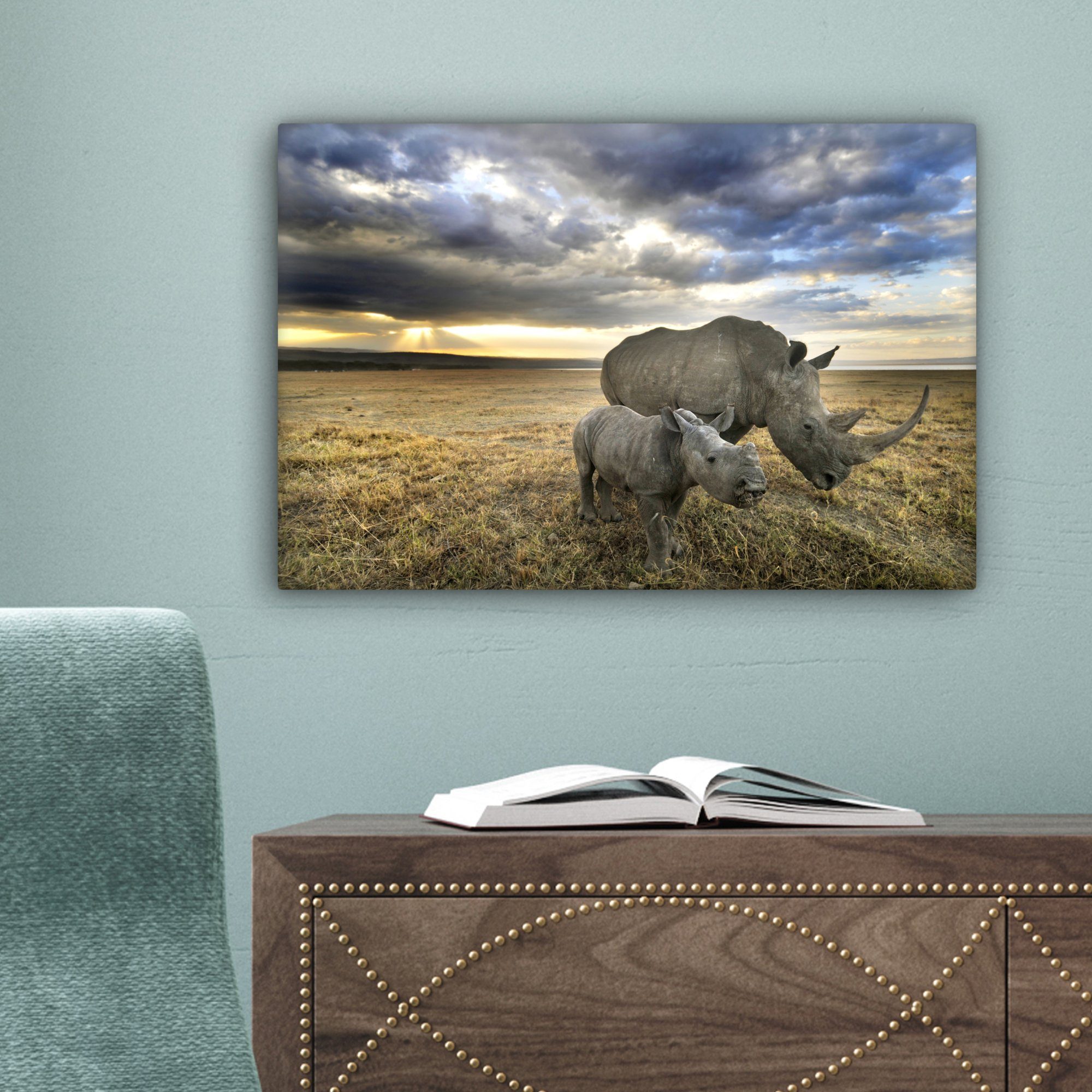 Safari, - Leinwandbild Leinwandbilder, Rhinozeros Wanddeko, 30x20 Aufhängefertig, (1 - Wandbild OneMillionCanvasses® St), Kalb cm