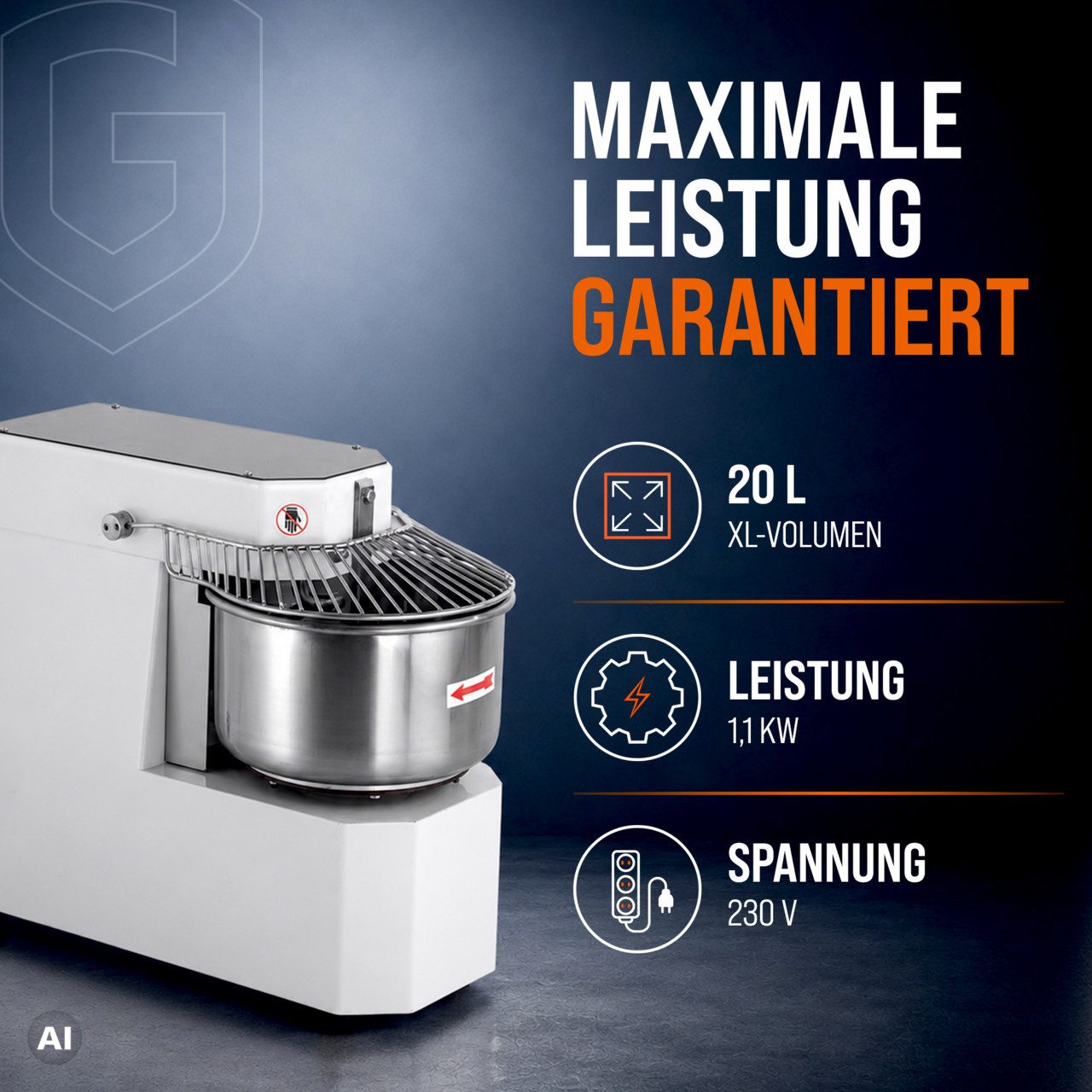 GastroHero Küchenmaschine Spiralteigknetmaschine ECO 20 Liter 230 V fester Kopf Edelstahl, 1100 W, 20 l Schüssel, Europäische Hygienevorschriften, robuster Teig – Bild 2 von 5