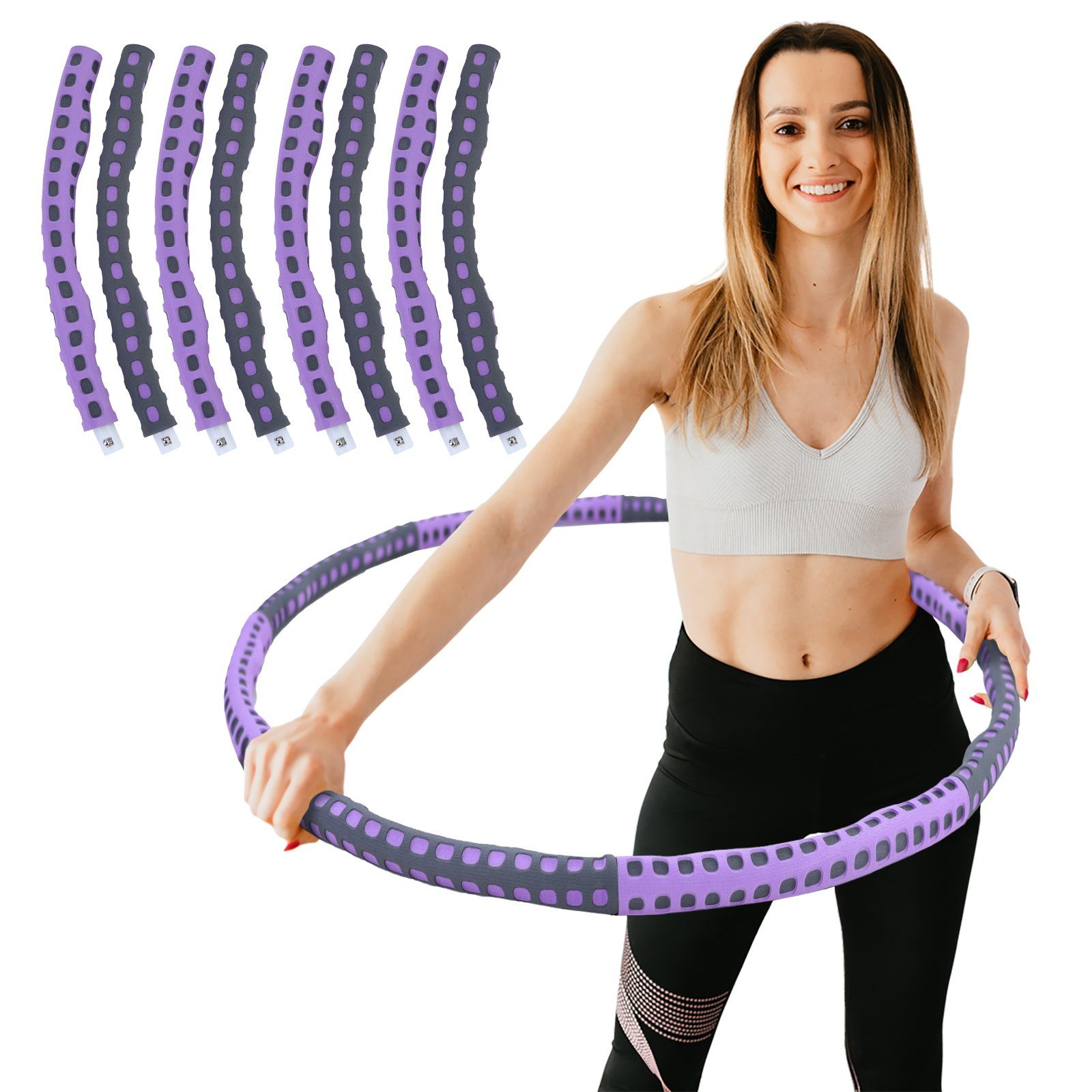 RAMROXX Hula-Hoop-Reifen Fitness Reifen Edelstahl 8 Teile gepolstert befüllbar Grau Lila