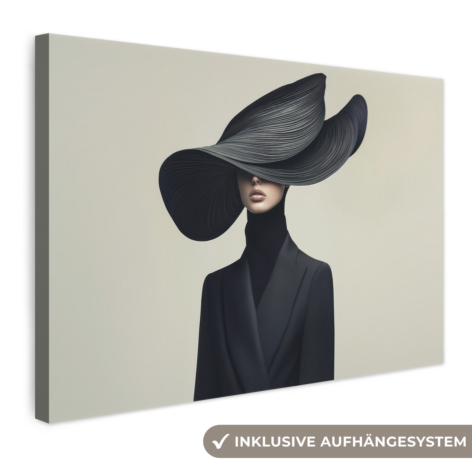OneMillionCanvasses® Leinwandbild Schwarz - Frau - Hut, Fotodruck (1 St), Leinwand Bilder Klein, Wand Dekoration Aesthetic 30x20 cm