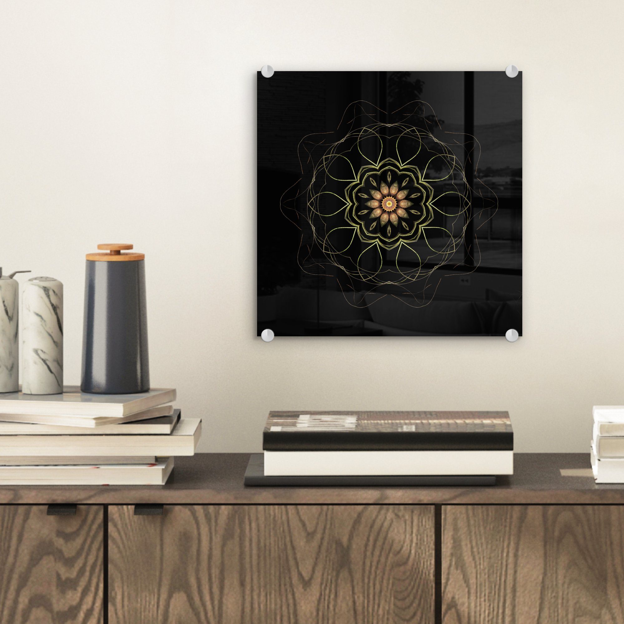- Mandala Glasbilder schwarzem Acrylglasbild Wanddekoration vor Hintergrund, Ein - St), MuchoWow - (1 auf Bilder Foto auf Glas Wandbild Glas