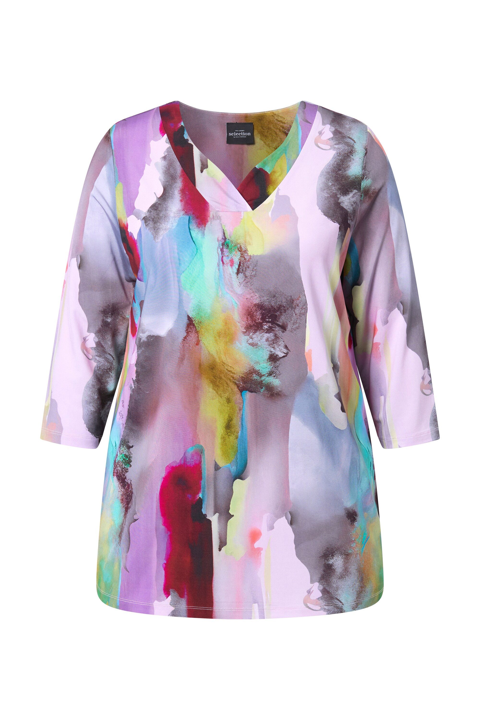 Ulla Popken T-Shirt Slinkyshirt Aquarell-Design V-Ausschnitt 3/4-Arm günstig online kaufen
