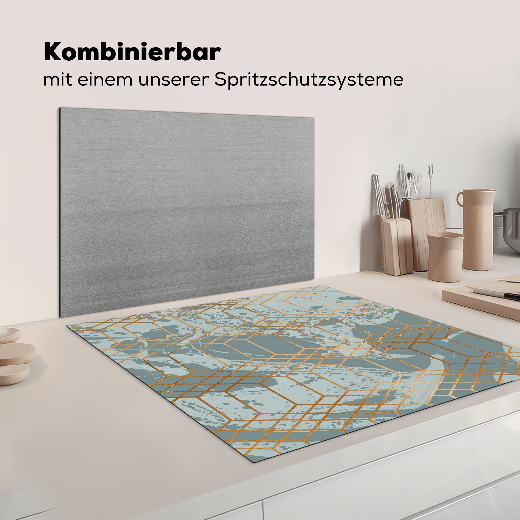 78x78 Grau cm, - Vinyl, tlg), küche MuchoWow - Arbeitsplatte Muster, für (1 Marmor Herdblende-/Abdeckplatte - Gold Ceranfeldabdeckung,