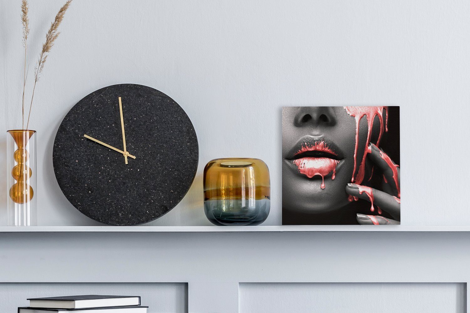 OneMillionCanvasses® Leinwandbild Lippen - Rot - Schwarz, Fotodruck (1 St), Wandbild, Deko Schlafzimmer Wohnzimmer Flur 20x20 cm