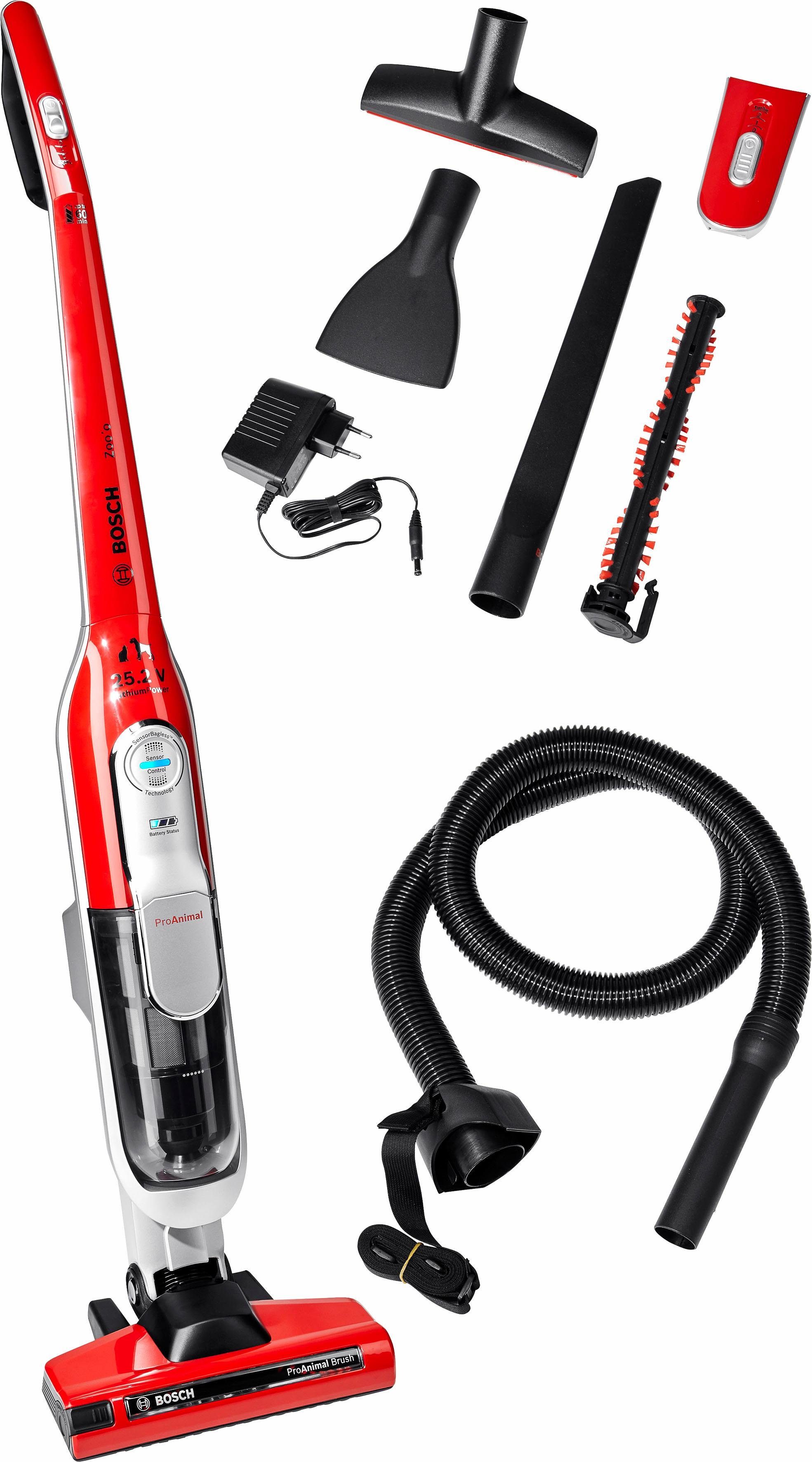 BOSCH Akku-Stielstaubsauger Athlet ProAnimal BCH6ZOOO, 25.2 V, ideal für Tierhaare, freistehend, beutellos, Zubehör-Set, alle Bodenarten, Turbo-Stufe, bis 60 min Laufzeit, rot