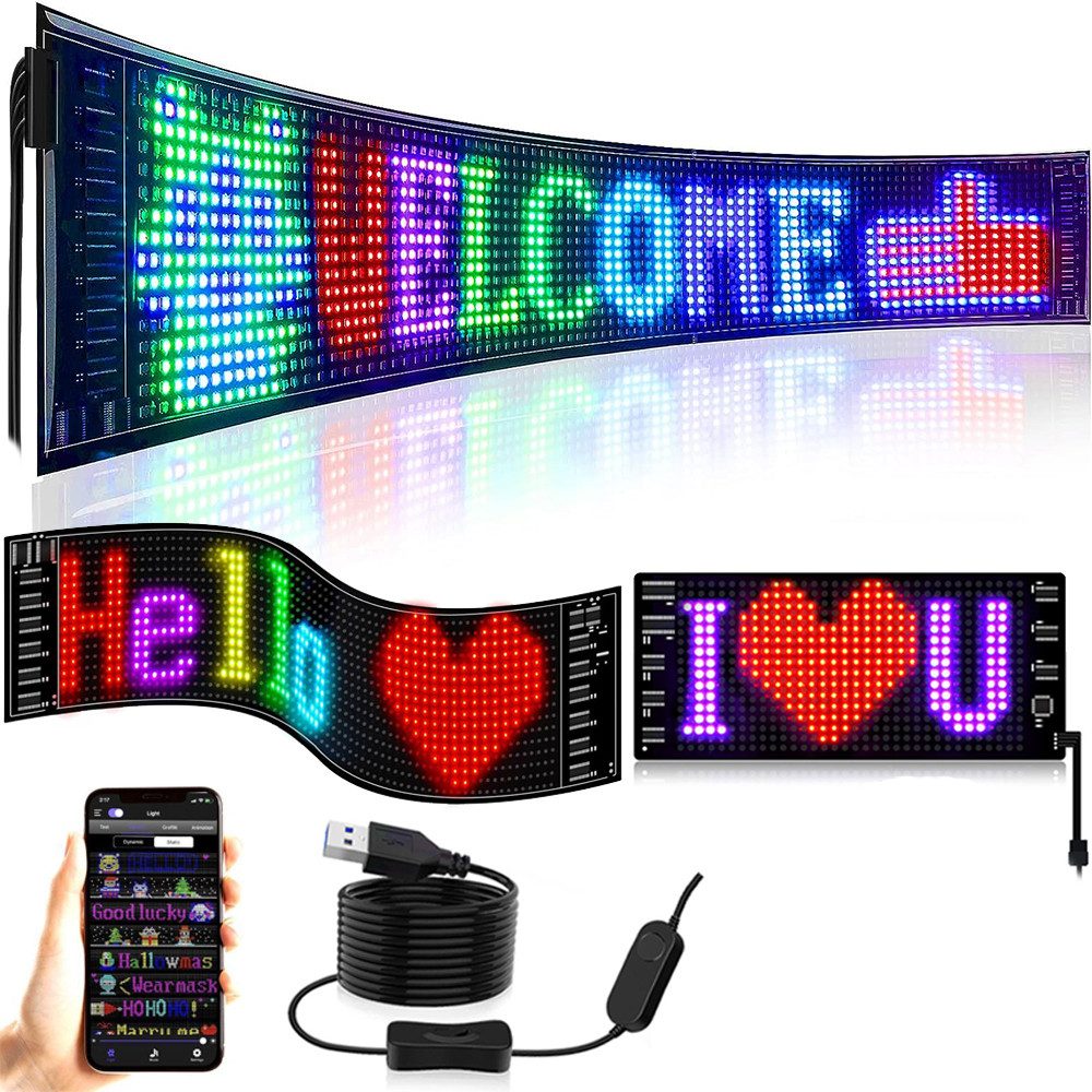 PRIISF LED Dekolicht LED Schild Display Werbung Leuchte Reklame Laufschrift Programmierbar, 7*17cm--140cmKabel, LED fest integriert, RGB Vollfarbe, Flexibler Digital Pixel Bildschirm Leuchtschrift Werbetafel APP Gaming