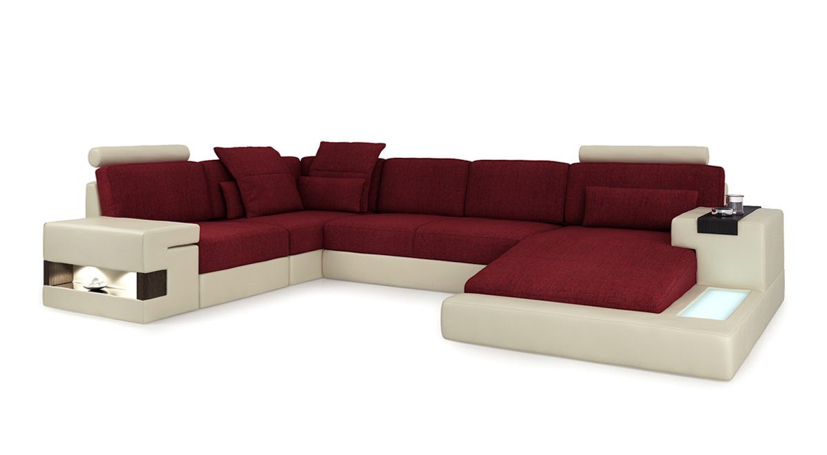 JVmoebel Ecksofa UForm Wohnlandschaft Rot/Weiß Stoff Couch Polster XXL Ecke Bellini Sofa Big