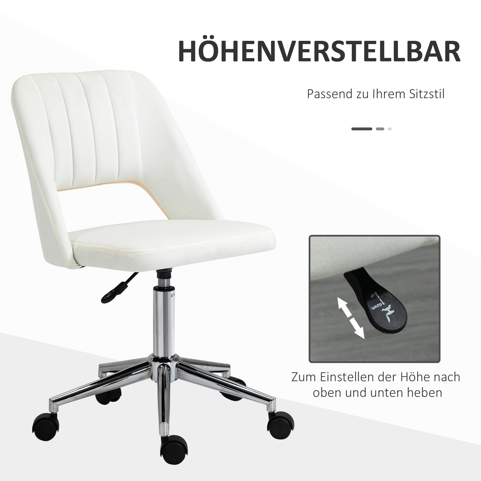 Vinsetto Bürostuhl Höhenverstellbarer Drehstuhl mit Nahtlinien-Design (Schreibtischstuhl, 1 St), Samtartiges Polyester Cremeweiß 49 x 60 x 79-91 cm