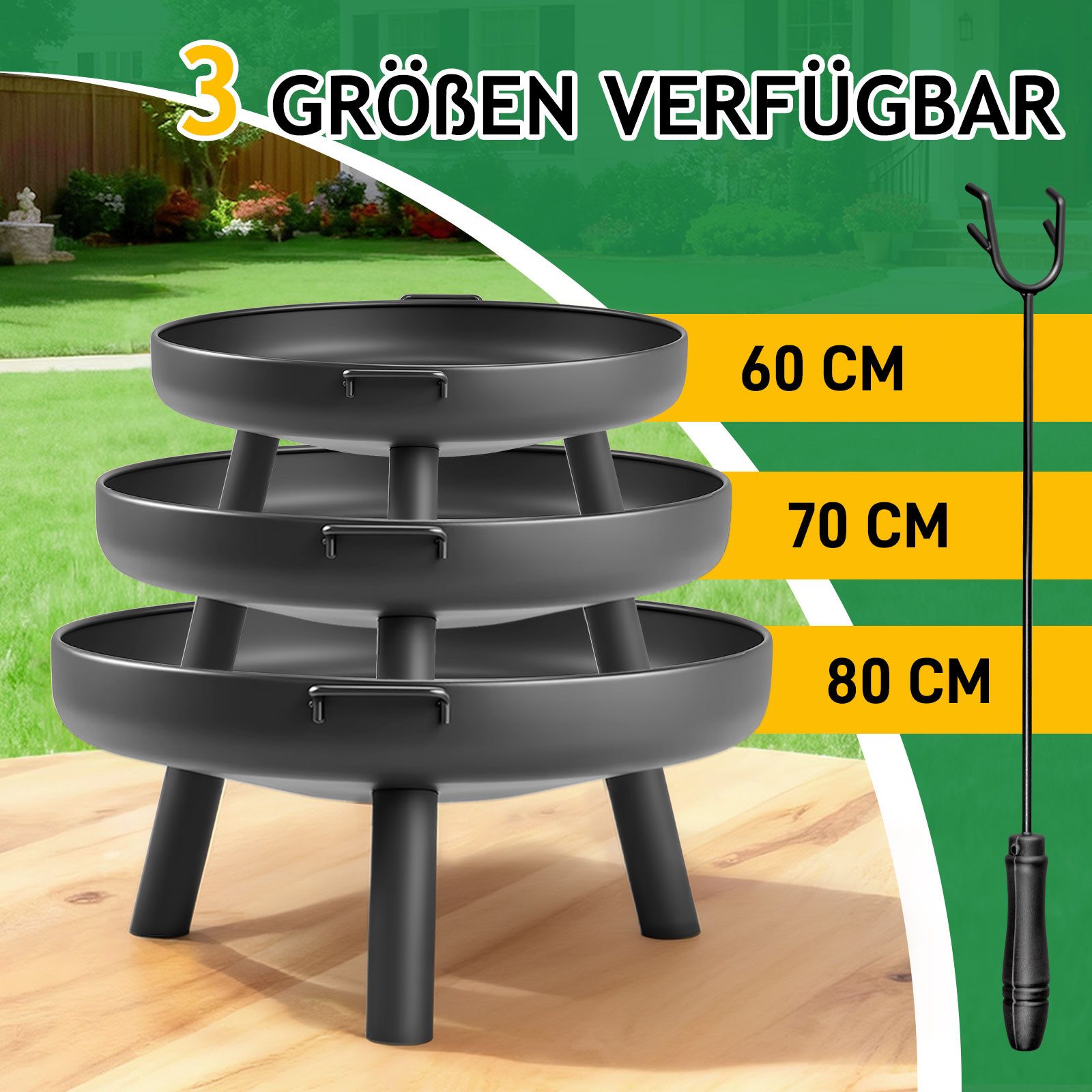 LALAHO Feuerschale Feuerstelle Feuerkorb für Terrasse Tischkamin Garten & Camping, Ø60/70/80 cm Fire Pit Feuerkorb inklusive Feuerhaken