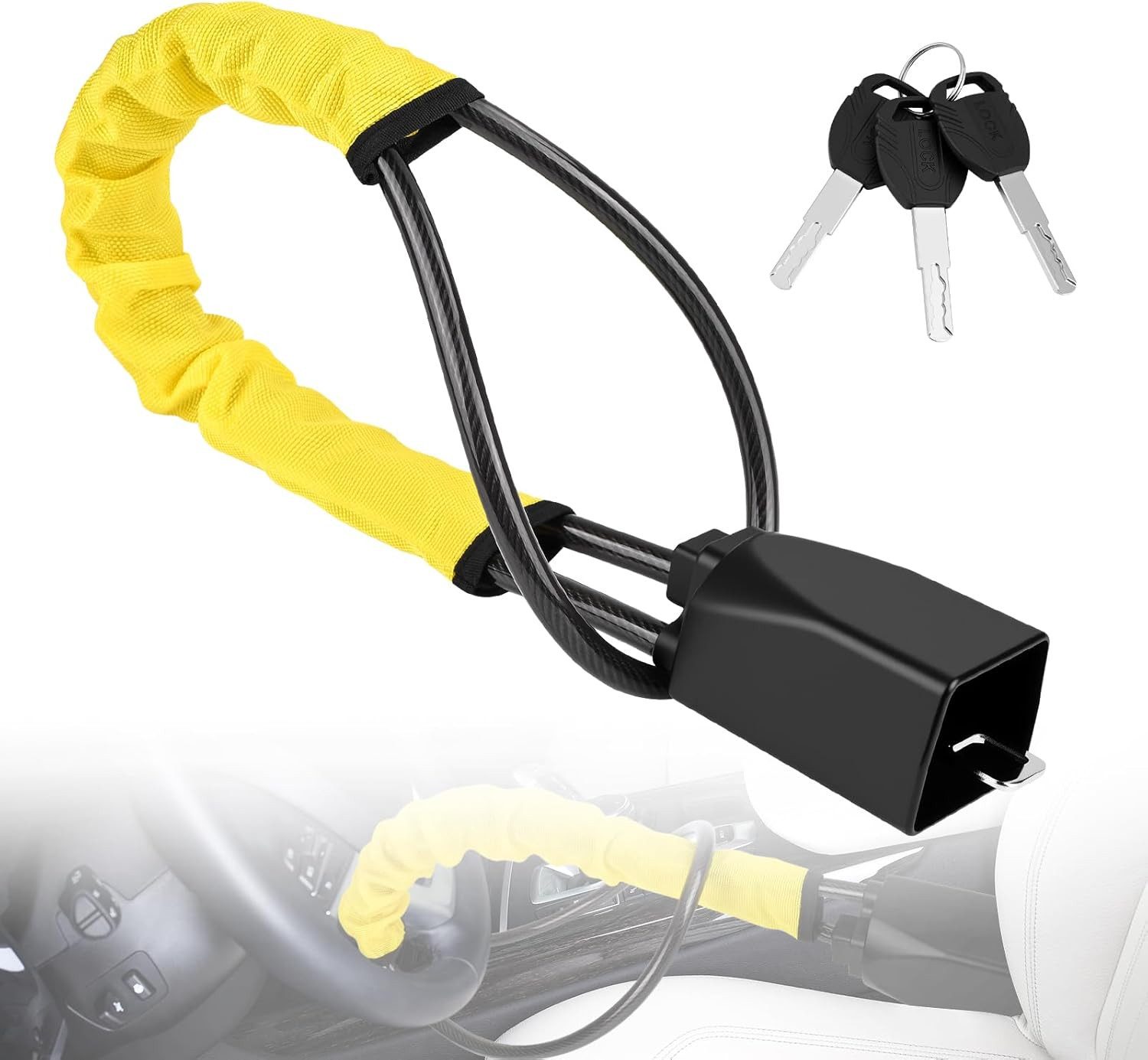 BlingBin Lenkradkralle Anti-Diebstahl Auto Lenkradschlos, Wegfahrsperre mit 3 Schlüsseln (1er Set, 1-tlg., Kabellänge: 70 cm), Einstellbare Lenkradkralle Wohnmobil für Fahrzeuge SUV Wagen