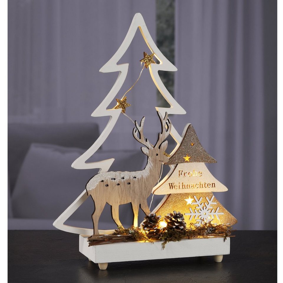 Haushalt International Weihnachtsszene Waldmotiv Hirsch und Baum, 10 LED,  Batteriebetrieb