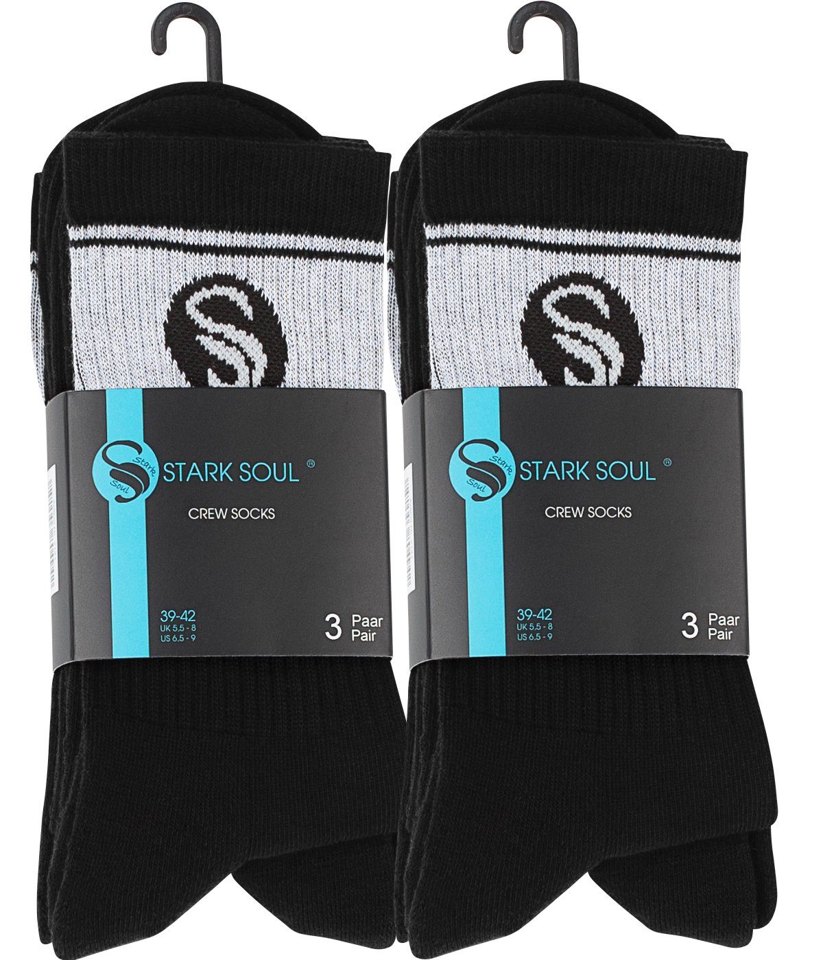 Stark Soul® Sportsocken Crew Socken im RETRO-Design (6 Paar) mit gepolsterter Sohle 6er-Pack, extra breiter Rippbund, Größenanagabe, flache Zehennaht