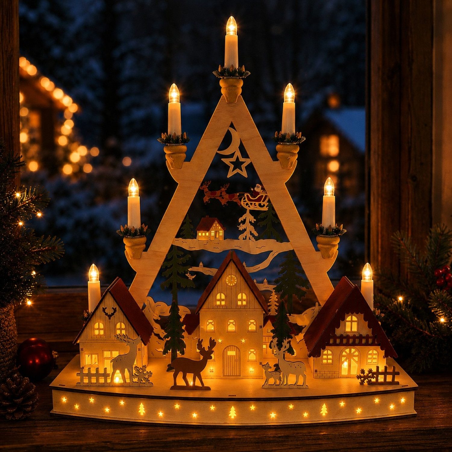 Online-Fuchs Lichterbogen mit LED-Beleuchtung und 6-Stunden Timer - Schwibbogen Weihnachtsdeko, Lichterspitze mit stimmungsvoller Winterlandschaft