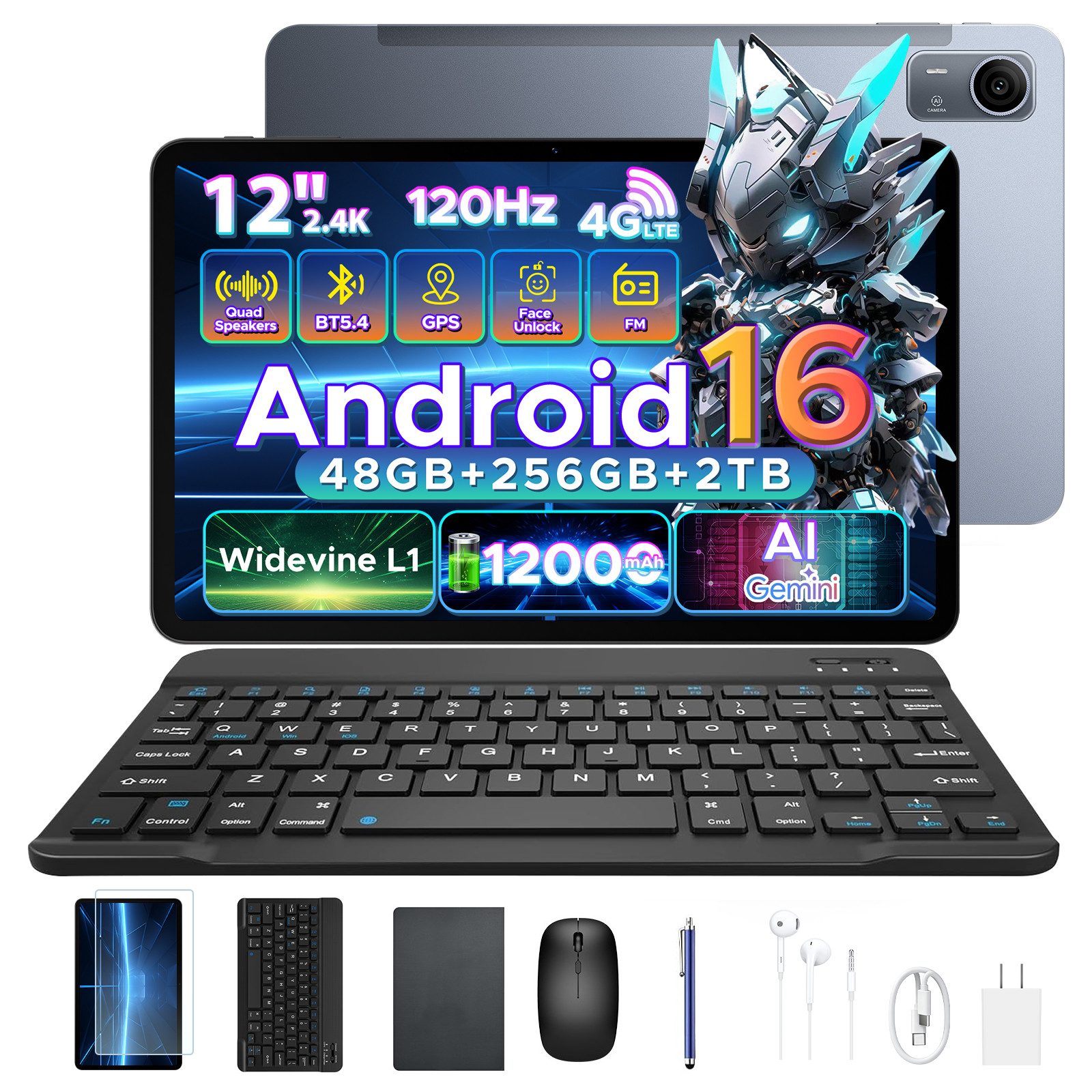 POCKAM P12Pro tablet 12 zoll 4G SIM Android 16 Tablet mit Tastatur 12000mAh Tablet (12", Android 16, Wifi, Unisoc T7300 Octa-Core, 13MP+8MP, Face ID, 4G LTE, 12GB+256GB/2TB)