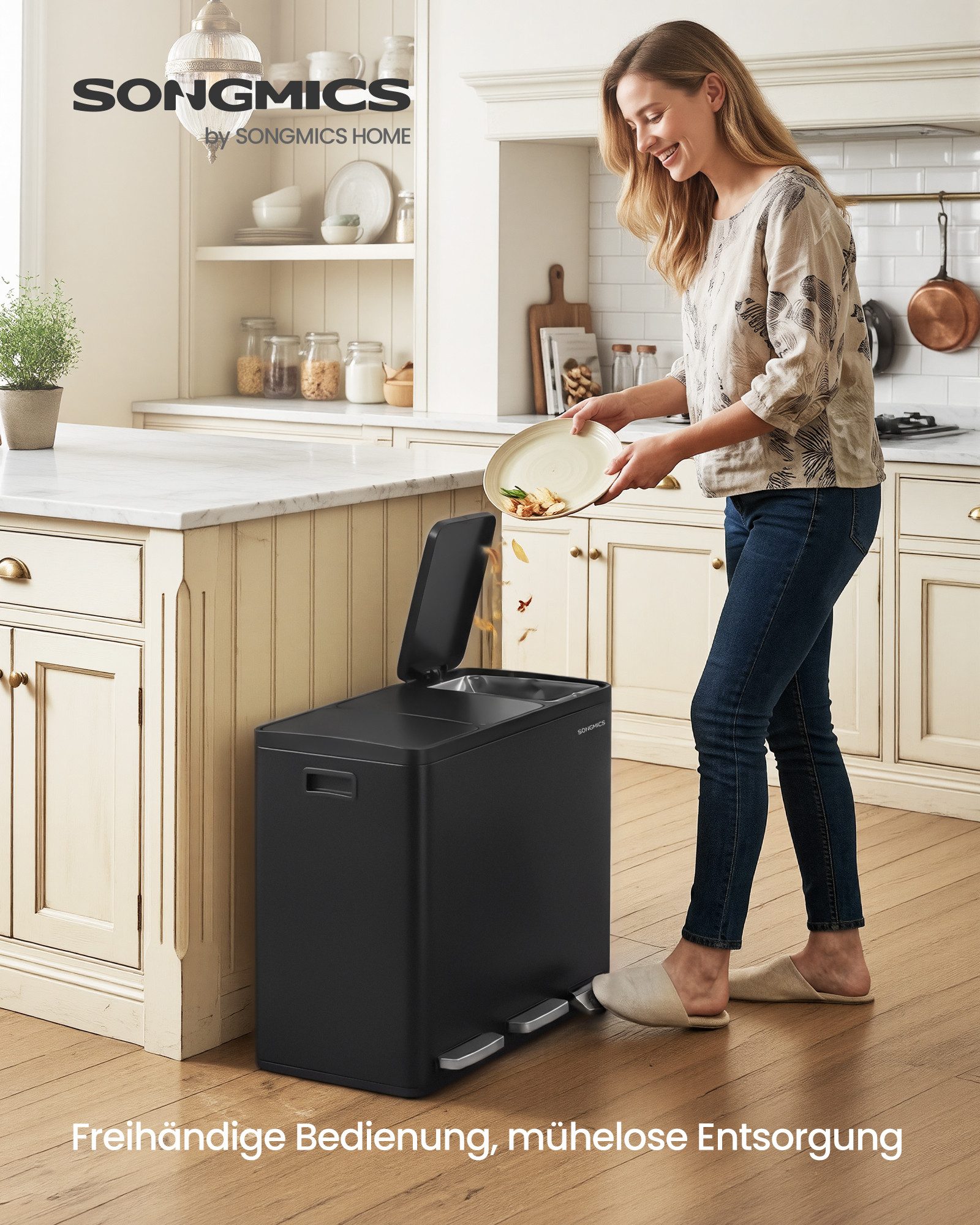 SONGMICS Mülleimer Abfalleimer 2 oder3 Fächer, Mülleimer 30L 54L 60L, Tretmülleimer Softclose-Deckel, herausnehmbare Inneneimer