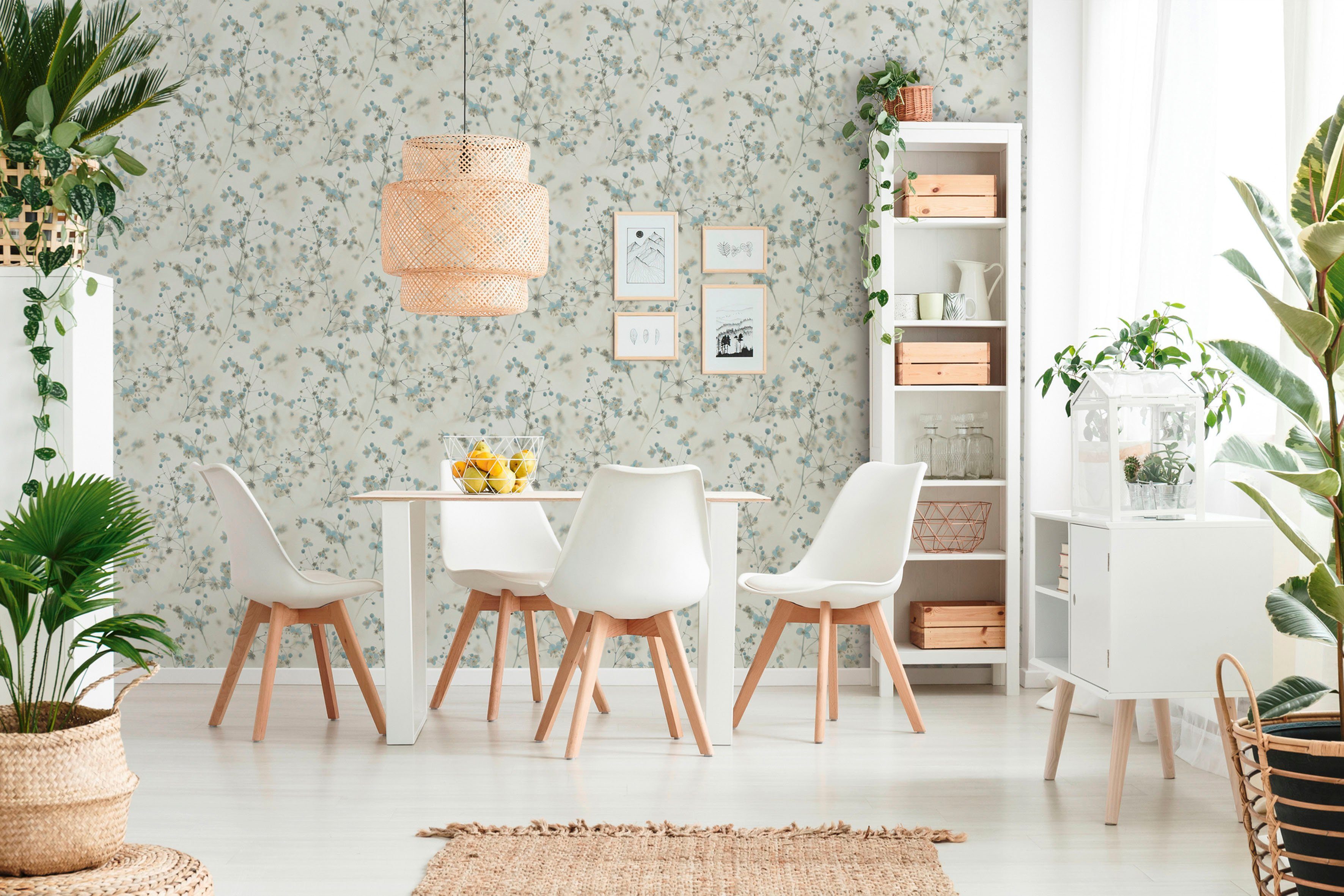 Livingwalls Tapete Blumenmuster Blau Grau und Weiß 53 cm x 10,05 m AS-38739 günstig online kaufen