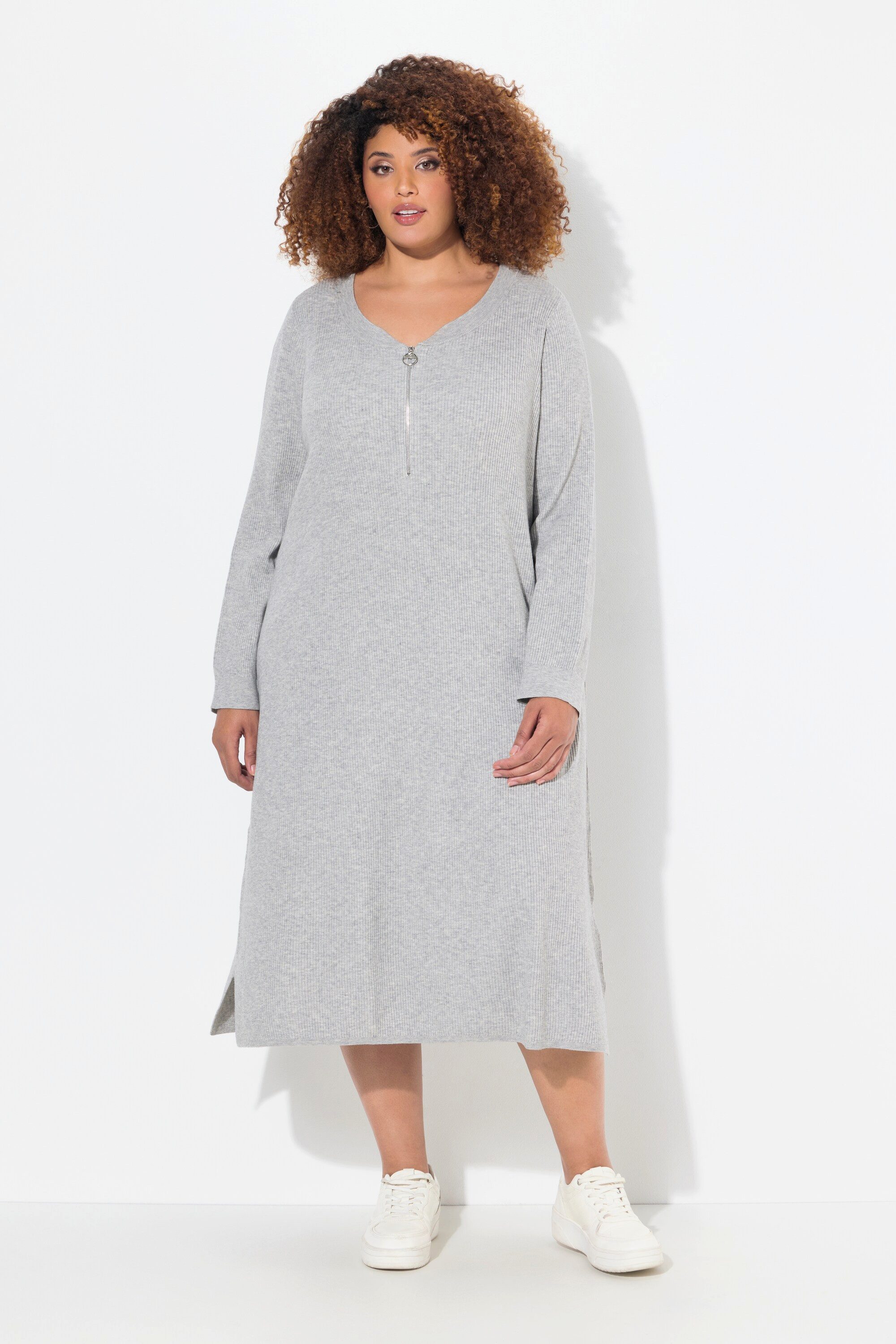 Ulla Popken Strickkleid Rippjersey-Midikleid Zipper A-Linie V-Ausschnitt