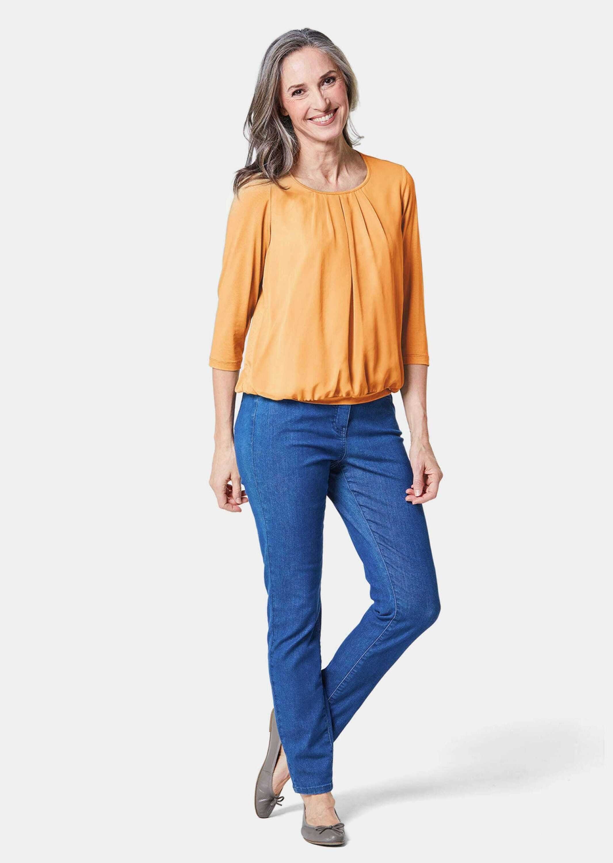 GOLDNER Kurzarmbluse Kurzgröße: Chiffon-Shirt gelb, Rundhals günstig online kaufen