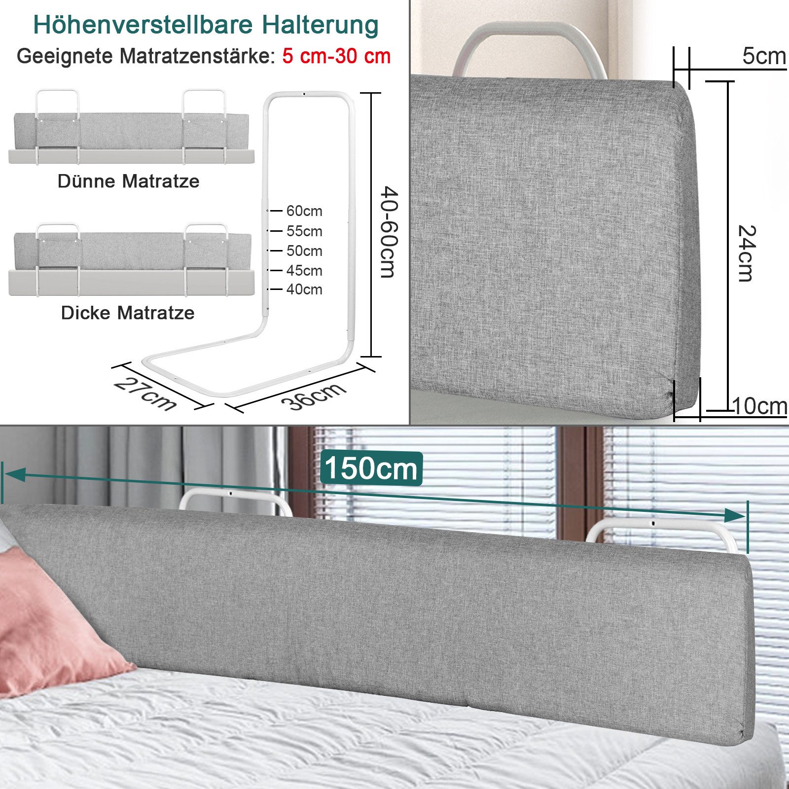 FIVMEN Bettschutzgitter Bettgitter Bettkantenschutz Höhenverstellbar Sicherheitsgeländer, für Kinder Bett, Leinengrau