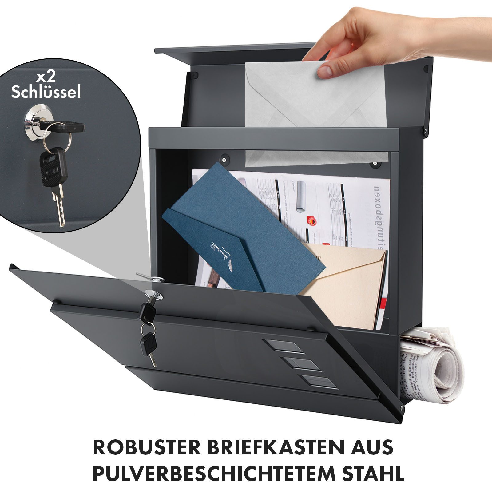 Floordirekt Briefkasten Jules, Anthrazitfarbener Wandbriefkasten mit Sichtfenstern, aus Stahlblech, inkl. 2 Schlüssel