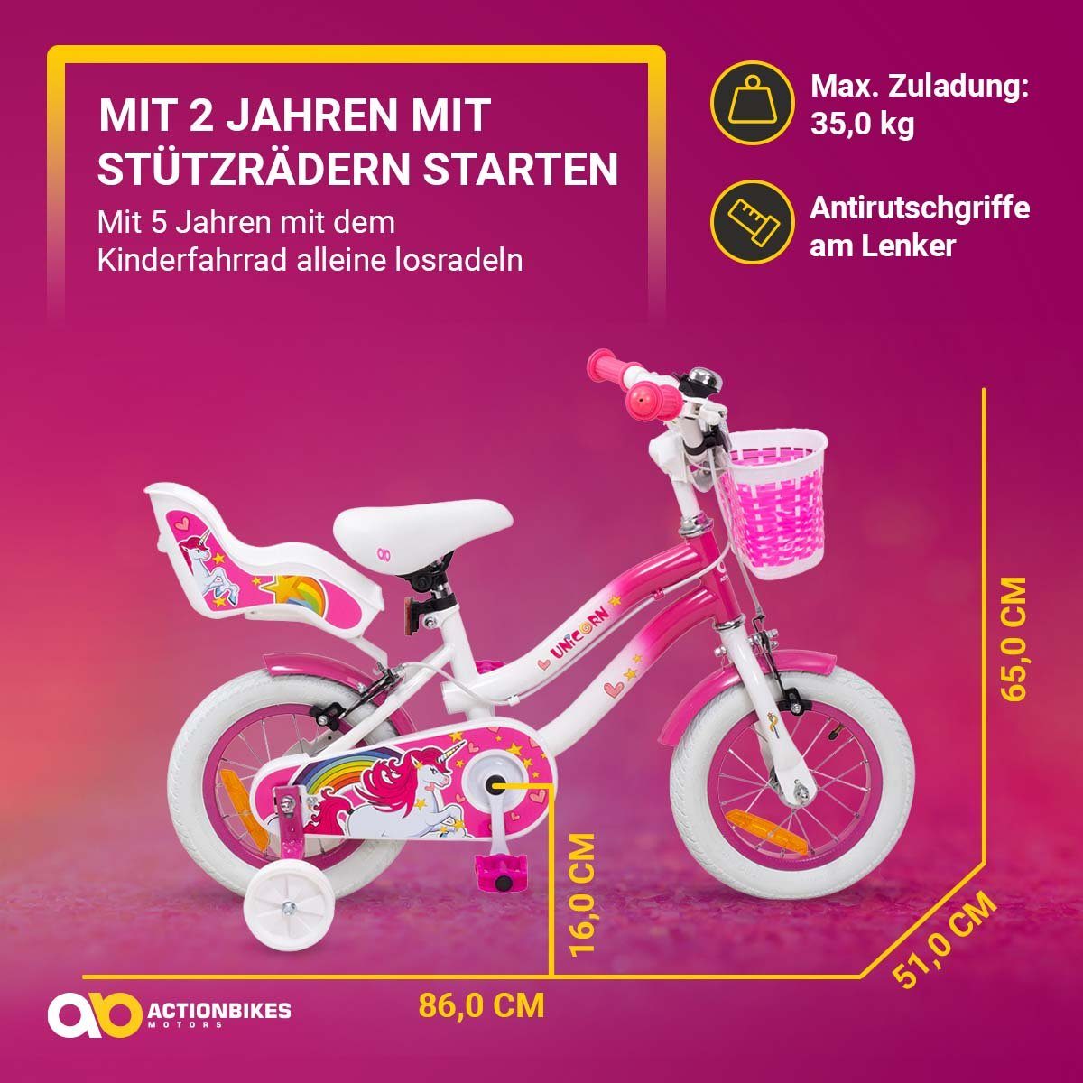 Actionbikes Motors Kinderfahrrad Mädchen Kinder Fahrrad Unicorn inkl. Puppensitz & Fahrradkorb, 1 Gang, ohne Schaltung, (Einhorn-Design, 12 Zoll, ab 95 cm Körpergröße, max. Zuladung 35 kg, Stützräder, Klingel, Reflektoren, Antirutschgriffe, Lenkerschutz, V-Brake-Bremse, Luftbereifung, Schutzbleche, pink / weiß), höhenverstellbares Bike Mädchen Rad Kinderrad ab 2 Jahre