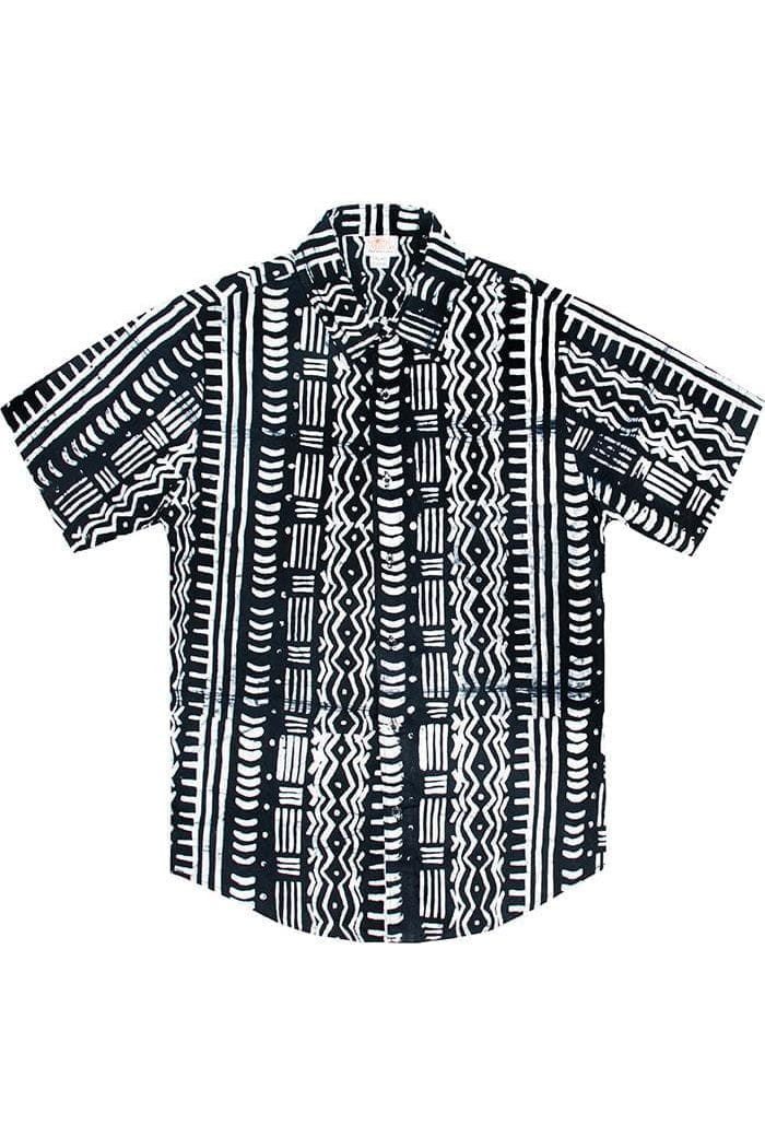 Global Mamas Kurzarmhemd Slim Fit - Pathways - Schwarz Handgebatikt in Ghana · Unikat · Fair Trade zertifiziert (WFTO)