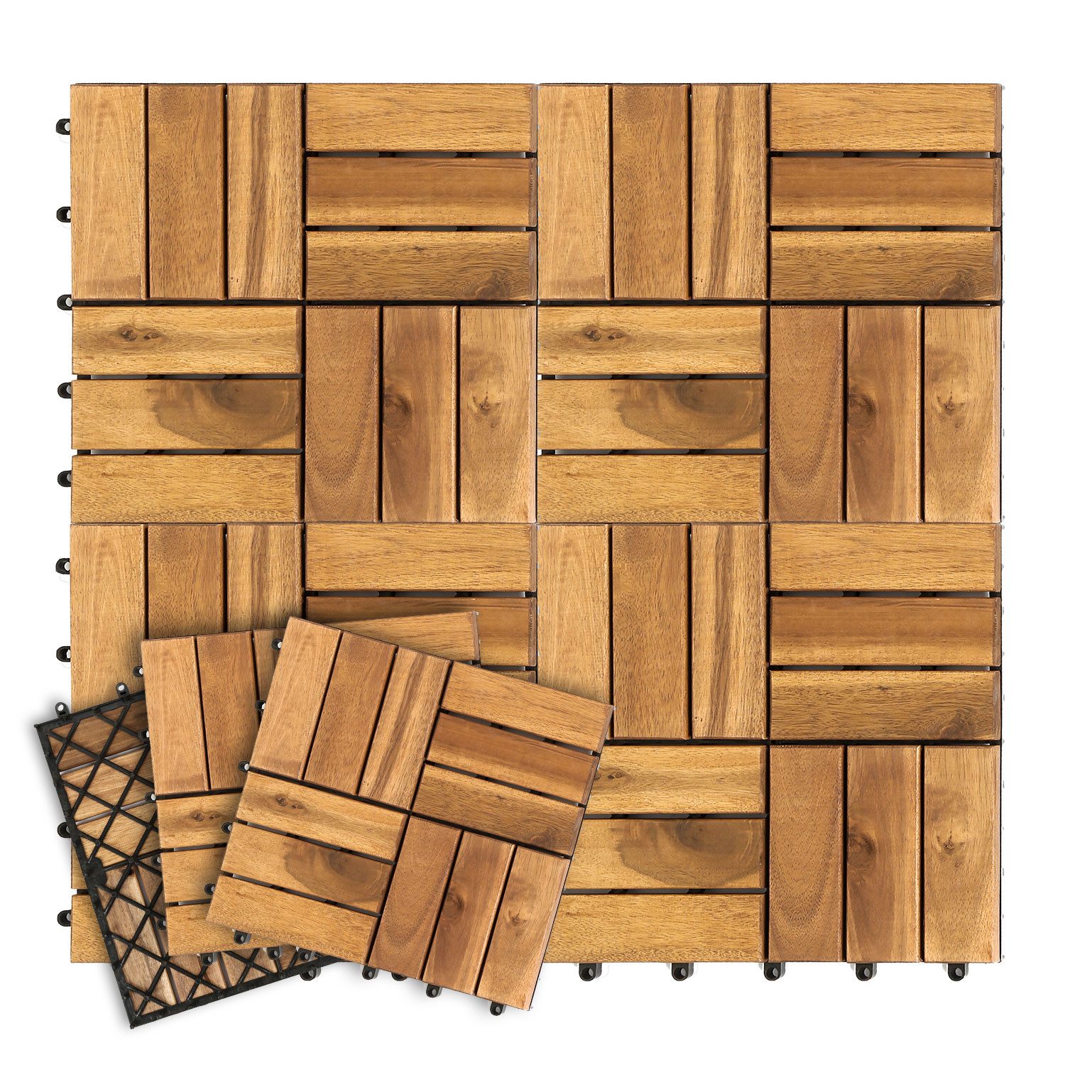 Clanmacy Holzfliesen Terrassenfliesen 30x30cm, Balkonfliesen 1-10, Akazienholz - 1qm, 11er Set, 11 St., 30x30cm = 1qm pro Fliese, rutschfest, Stecksystem, langlebig