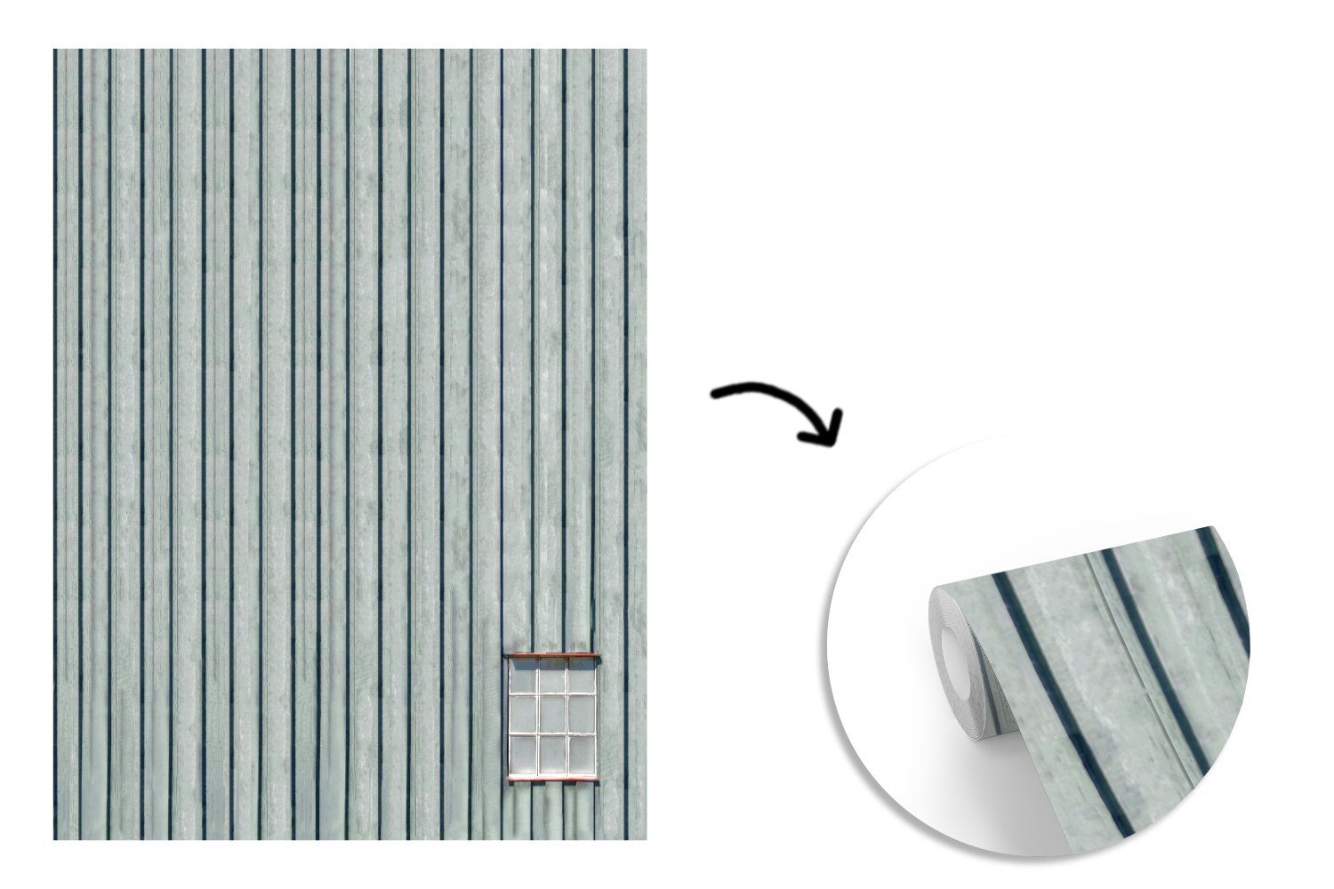 für Montagefertig (4 bedruckt, Matt, Vinyl Tapete Fenster St), Wohnzimmer, Fototapete - Architektur MuchoWow Wandtapete - - Grün Streifen,