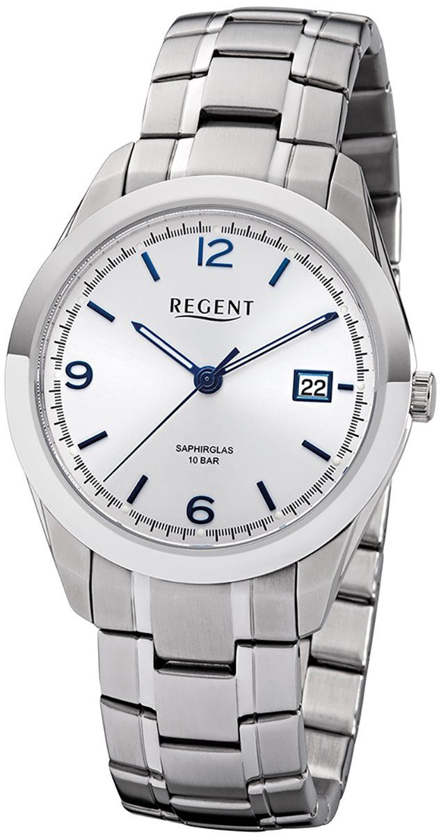 Regent Metallarmband 40mm), Metall Regent groß Herren Uhr F-1194 Quarzuhr rund, Herren Quarz, (ca. Armbanduhr