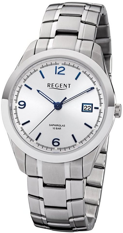 Regent Quarzuhr Regent Herren Uhr F-1194 Metall Quarz, Herren Armbanduhr  rund, groß (ca. 40mm), Metallarmband