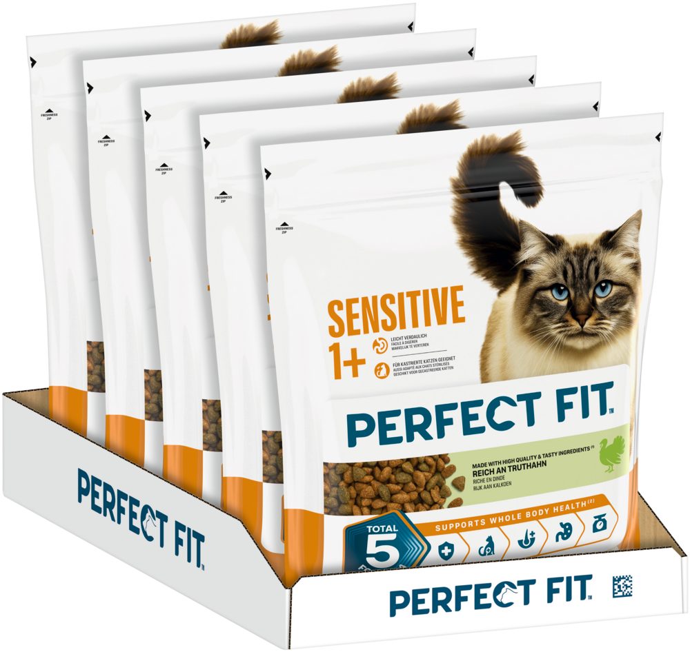 Perfect Fit PERFECT FIT™ Katze Beutel Sensitive 1+ mit Truthahn 5 x 1,4kg, Trockenfutter für: Katze