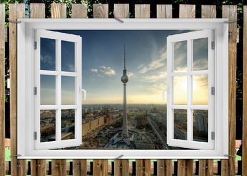 Wallario Sichtschutzzaunmatten Fernsehturm Berlin mit Panoramablick über die Stadt, mit Fenster-Illusion