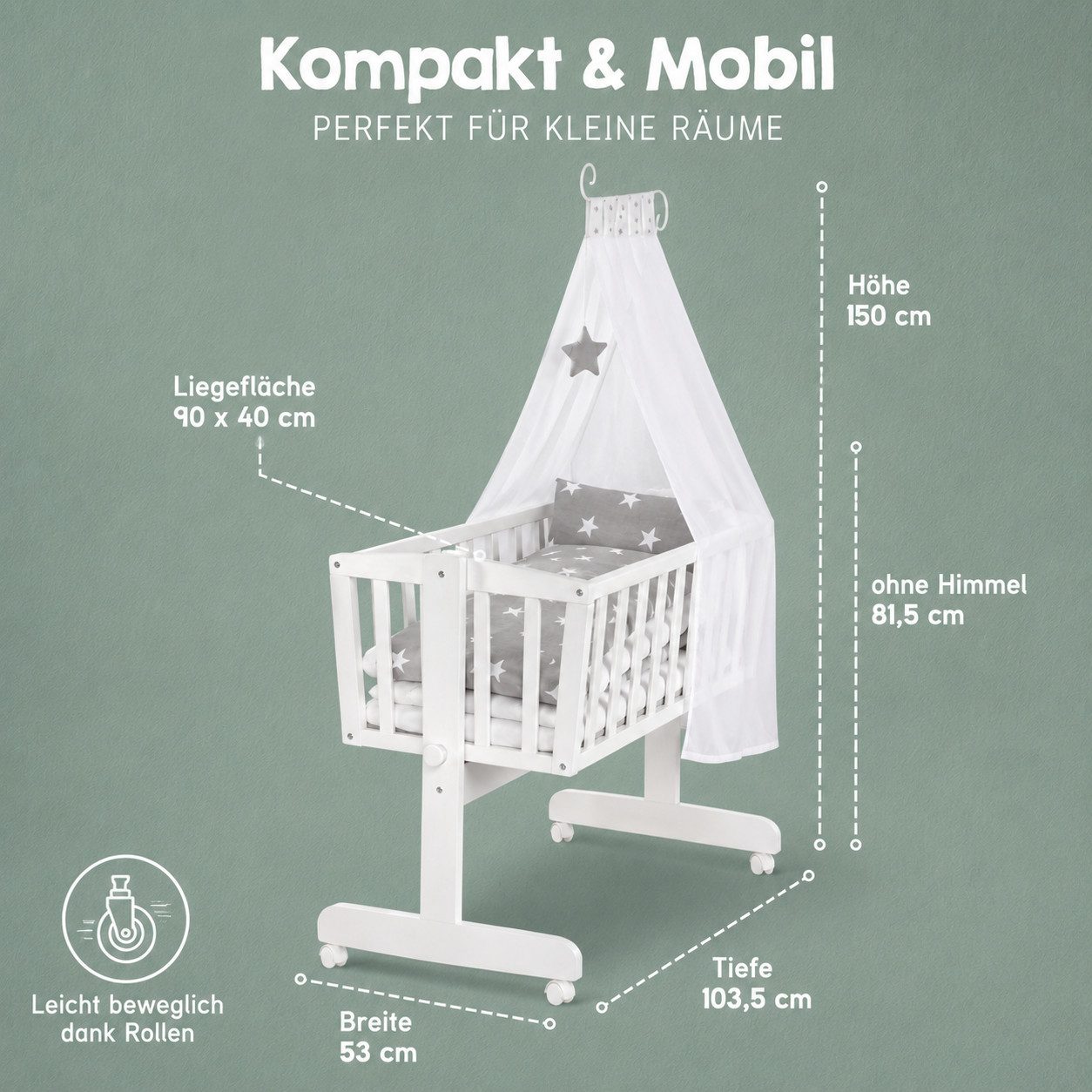 roba® Stubenbett Komplettwiegenset "Little Stars", Stubenwagen & Wiege aus Holz in Weiß / Grau – Bild 4 von 5