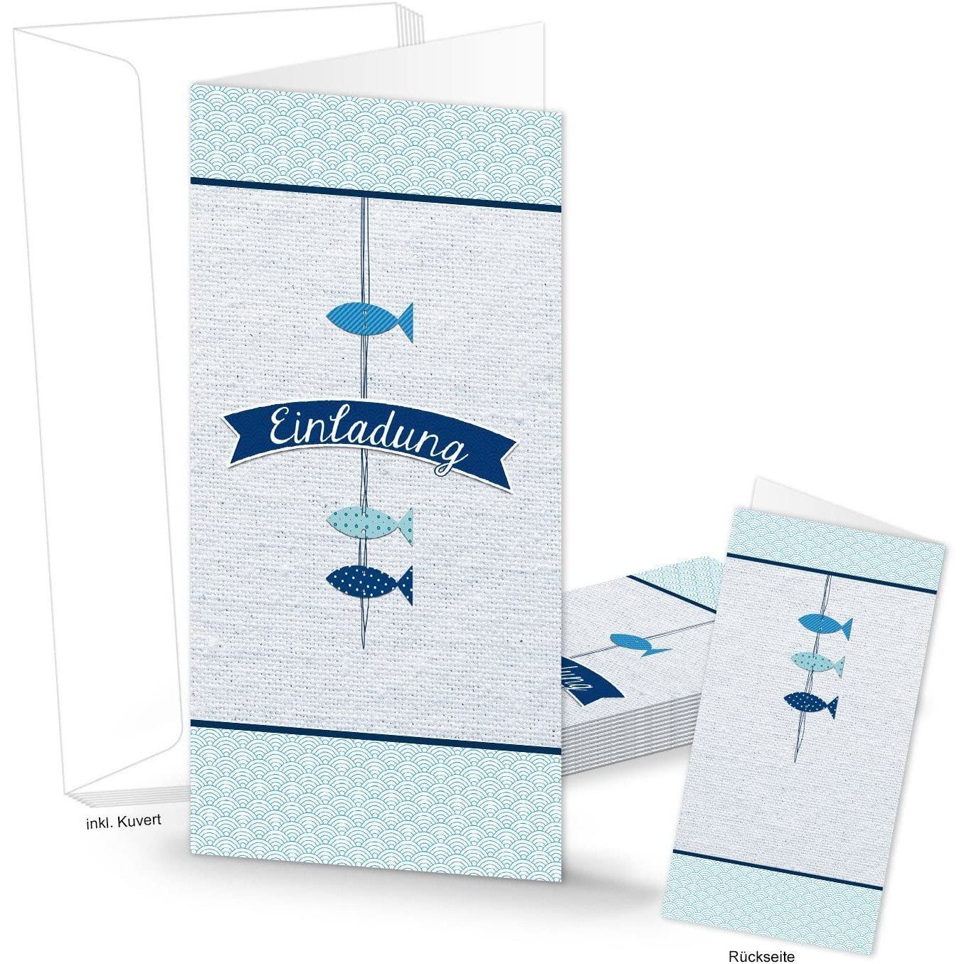 Logbuch-Verlag Klappkarte Einladungskarten blaue Fische für Taufe & Kommunion DIN lang 10 Stück