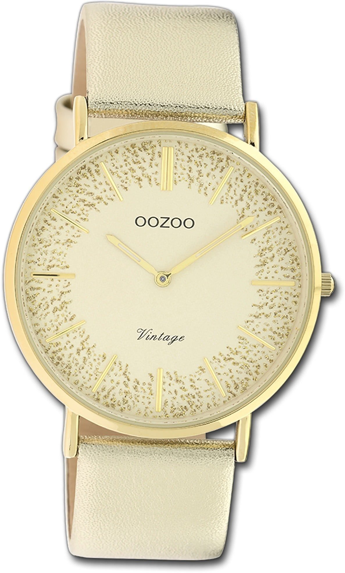 OOZOO Quarzuhr Oozoo Damen Armbanduhr Ultra Slim, Damenuhr Lederarmband gold, rundes Gehäuse, groß (ca. 40mm)