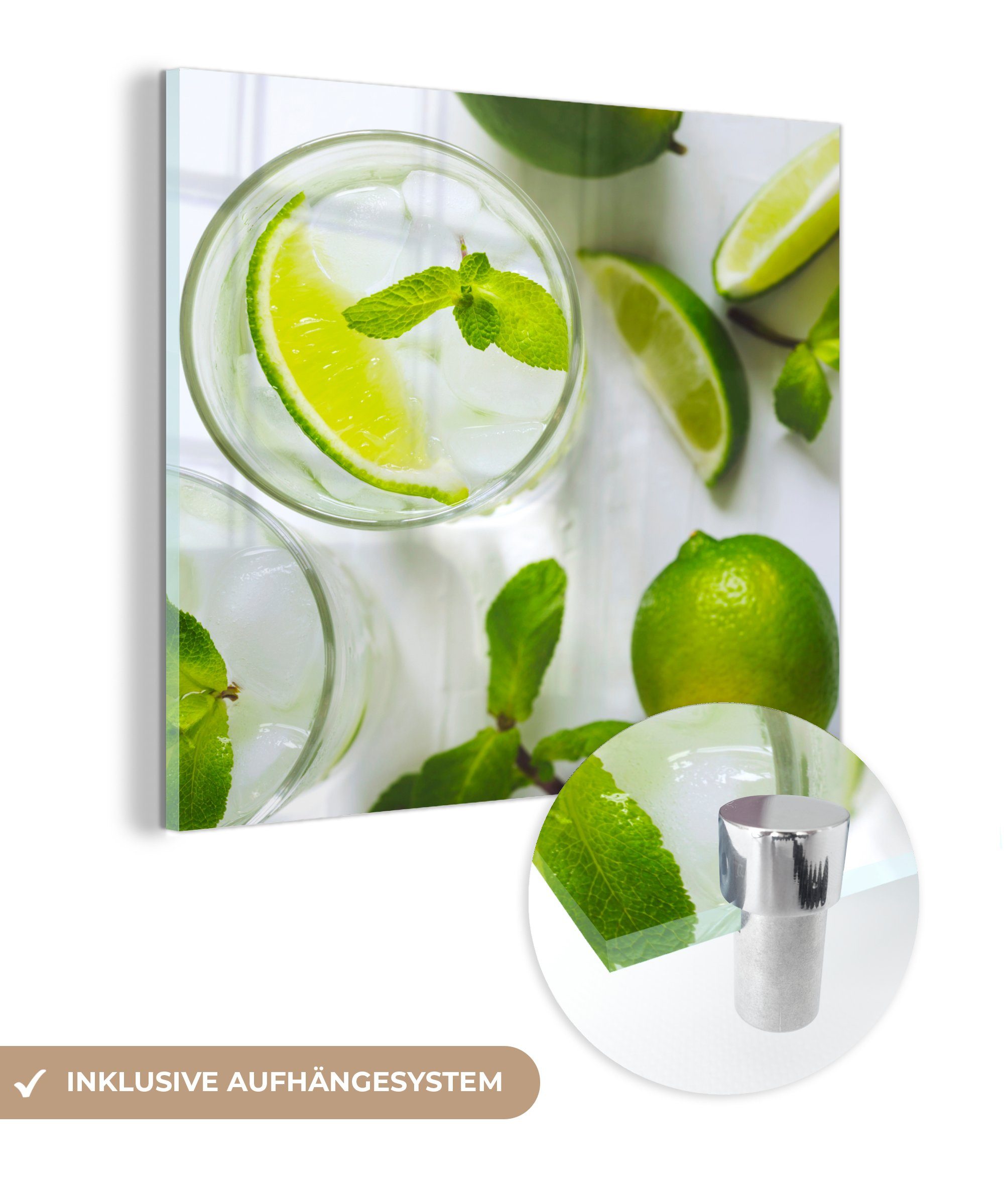 MuchoWow Acrylglasbild Mojito-Cocktail mit Limette und Minze im Glas, (1 St), Glasbilder - Bilder auf Glas Wandbild - Foto auf Glas - Wanddekoration