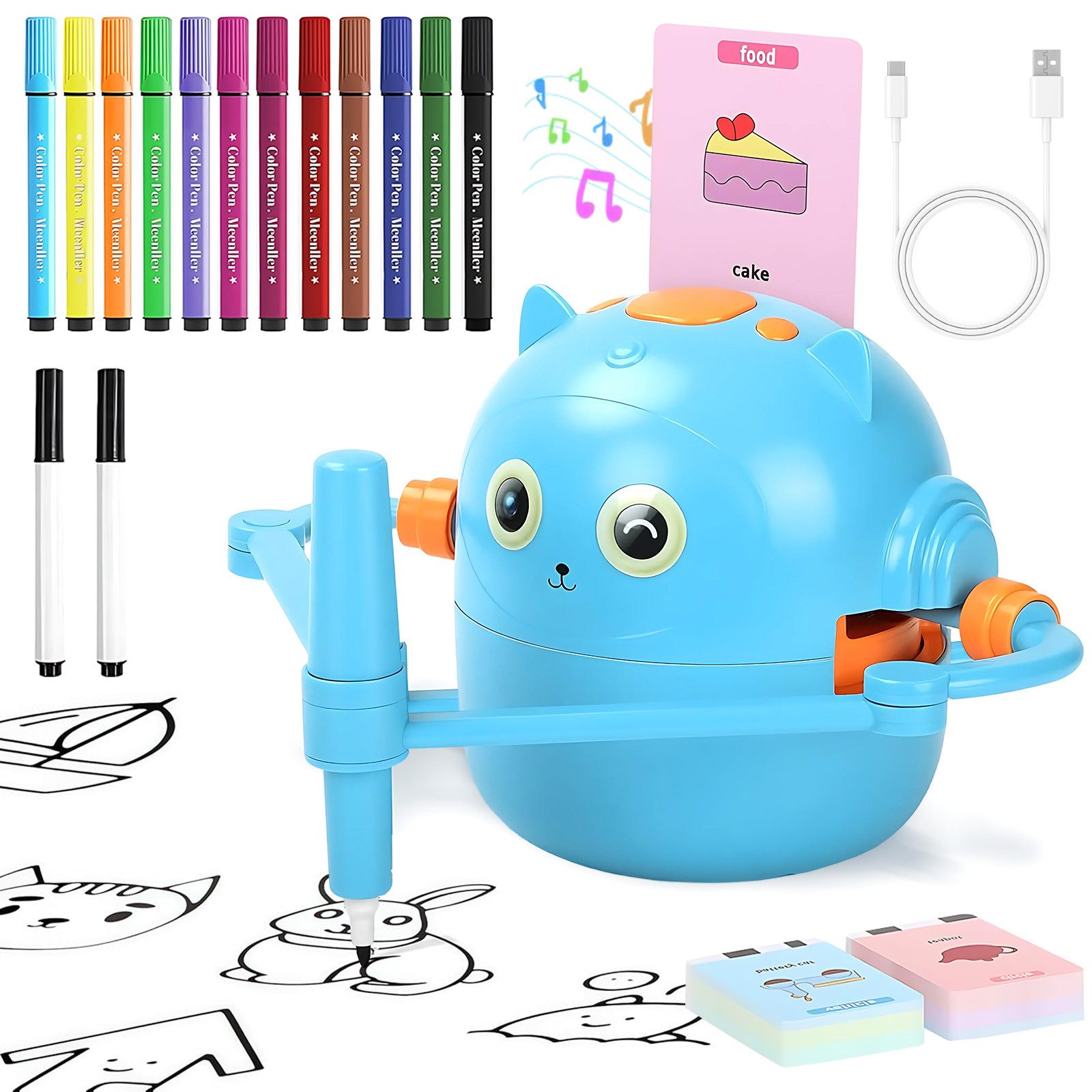 AKKEE Lernspielzeug Malroboter für Kinder, Zeichenroboter Kinder mit Stift & 100 Karten, Drawing Robot für ab 3 4 5 6 7 8 Jahre