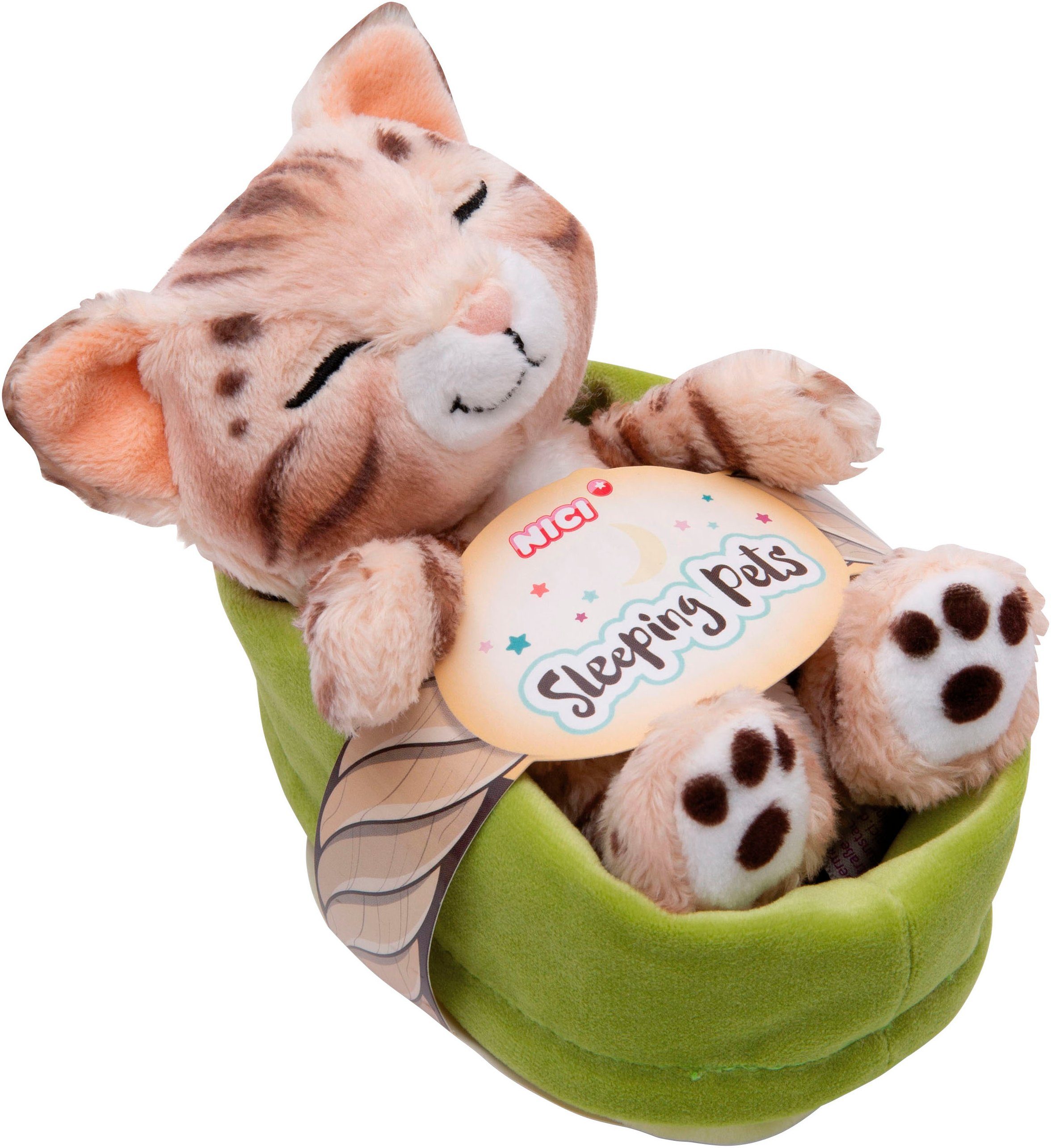 Nici Kuscheltier Sleeping Pets, Katze Bengal, 12 cm, im Körbchen, enthält recyceltes Material (Global Recycled Standard)