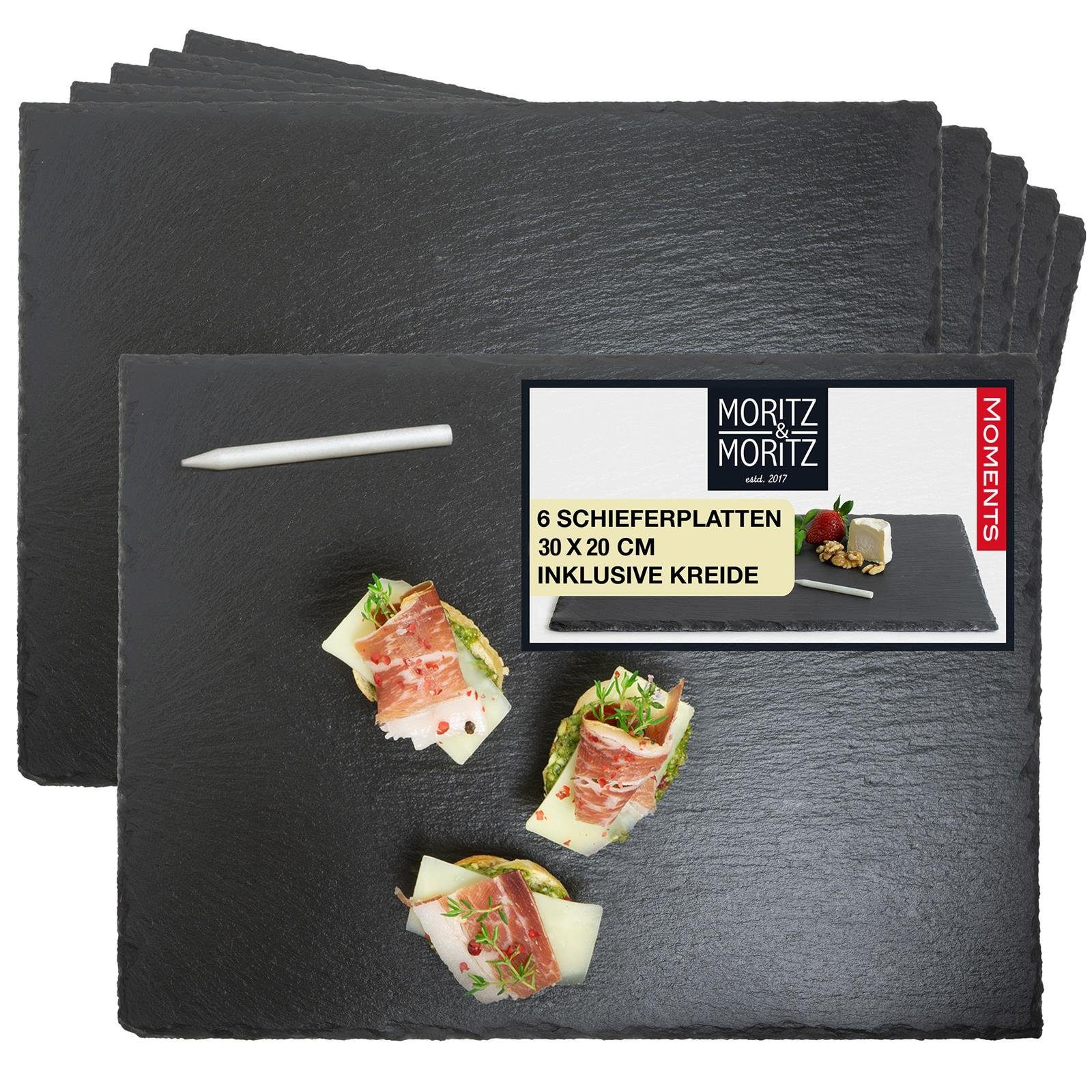 Moritz & Moritz Servierplatte Schieferplatten 30x20 cm, Schiefer, (6er Set, 7-tlg), 20 x 30 cm mit Kreidestift
