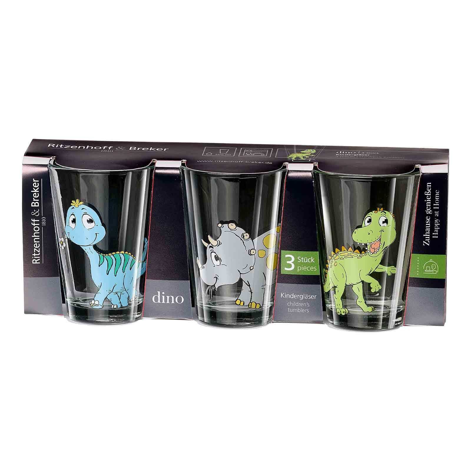 Ritzenhoff & Breker Kinderbecher Dino Kindergläser 200 ml 3er Set, 3-tlg., Glas