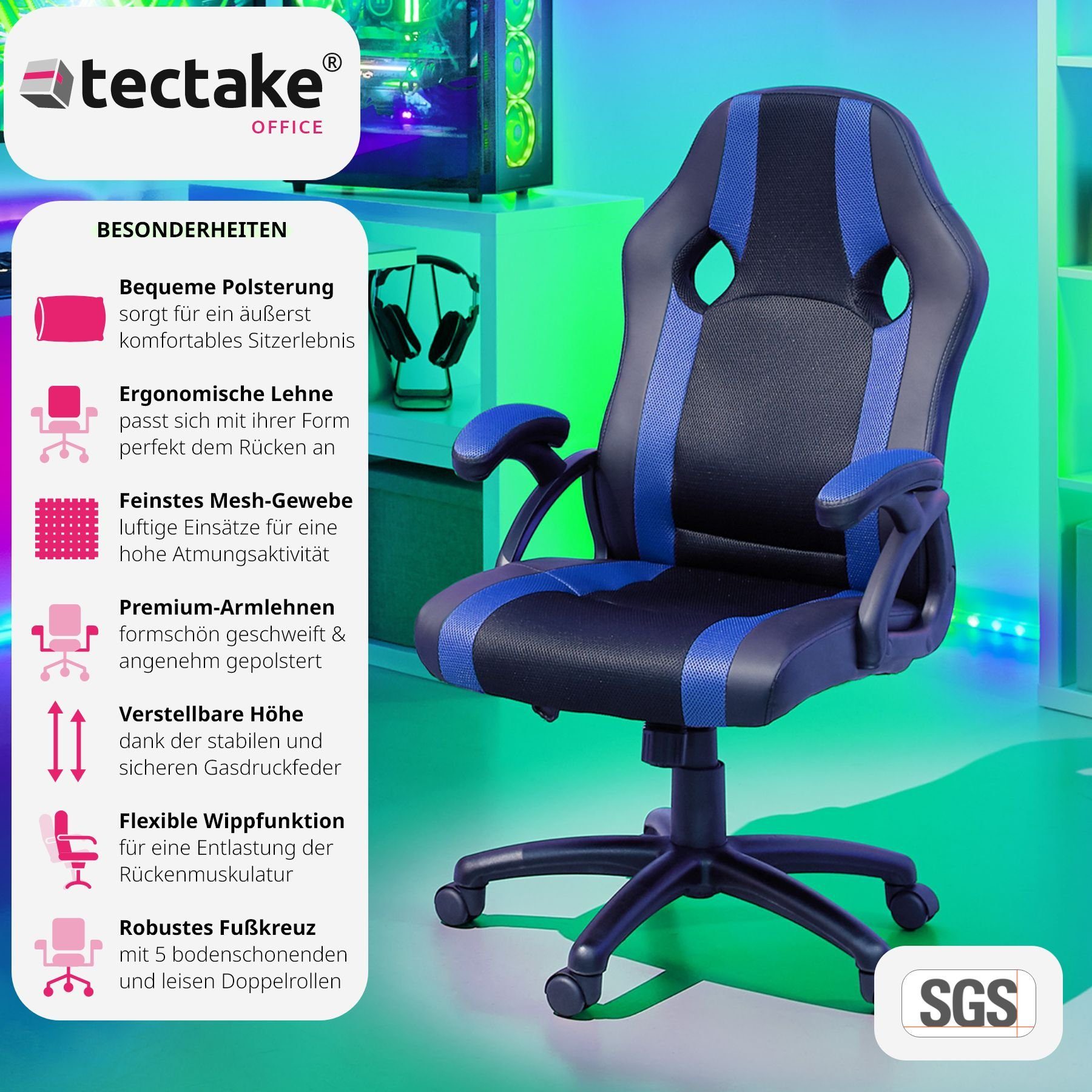 tectake Gaming-Stuhl 1 Goodman Wippmechanik schwarz/blau St), (1er, einstellbare
