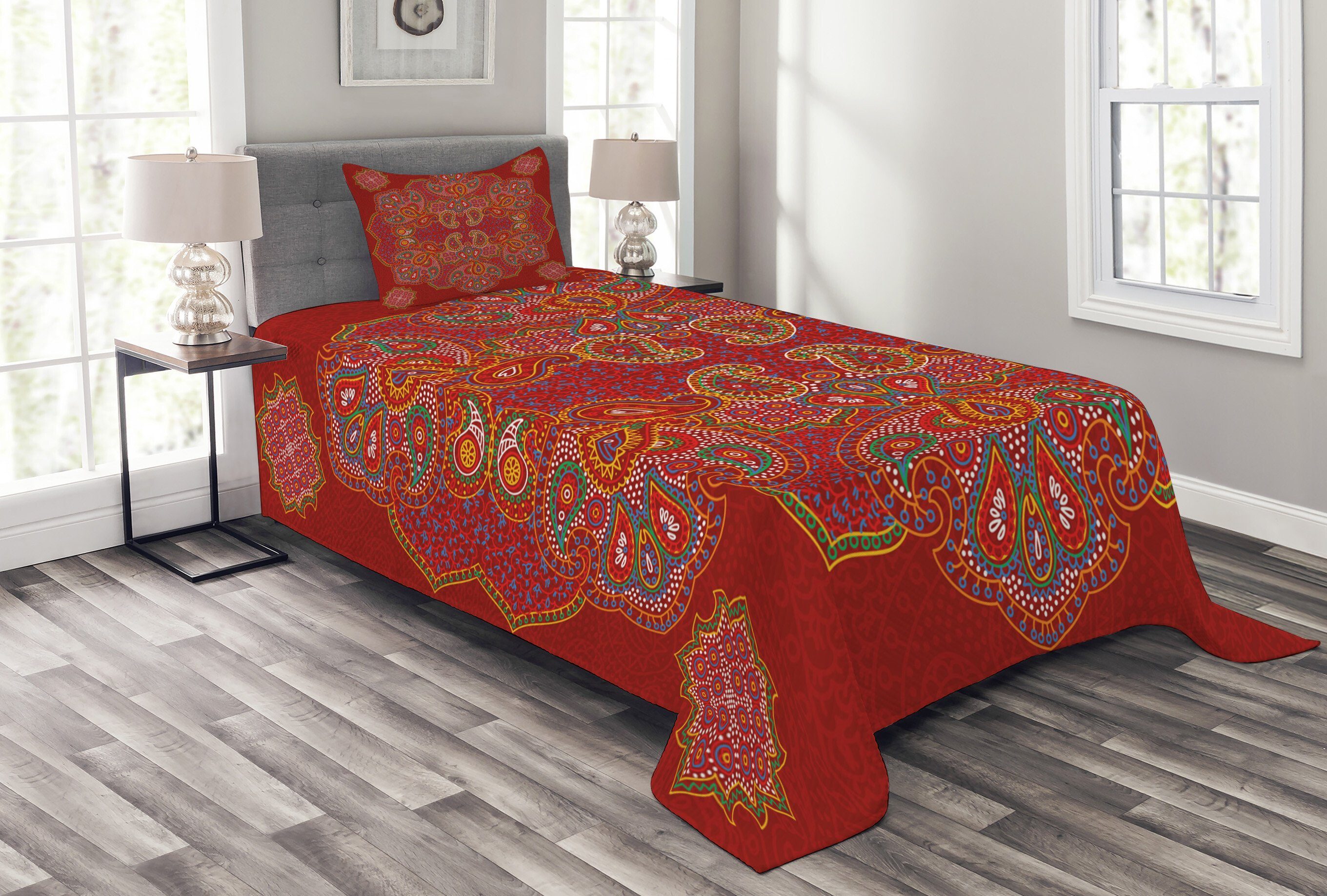 Tagesdecke Set mit Kissenbezügen Waschbar, Abakuhaus, Red Mandala Persian Paisley