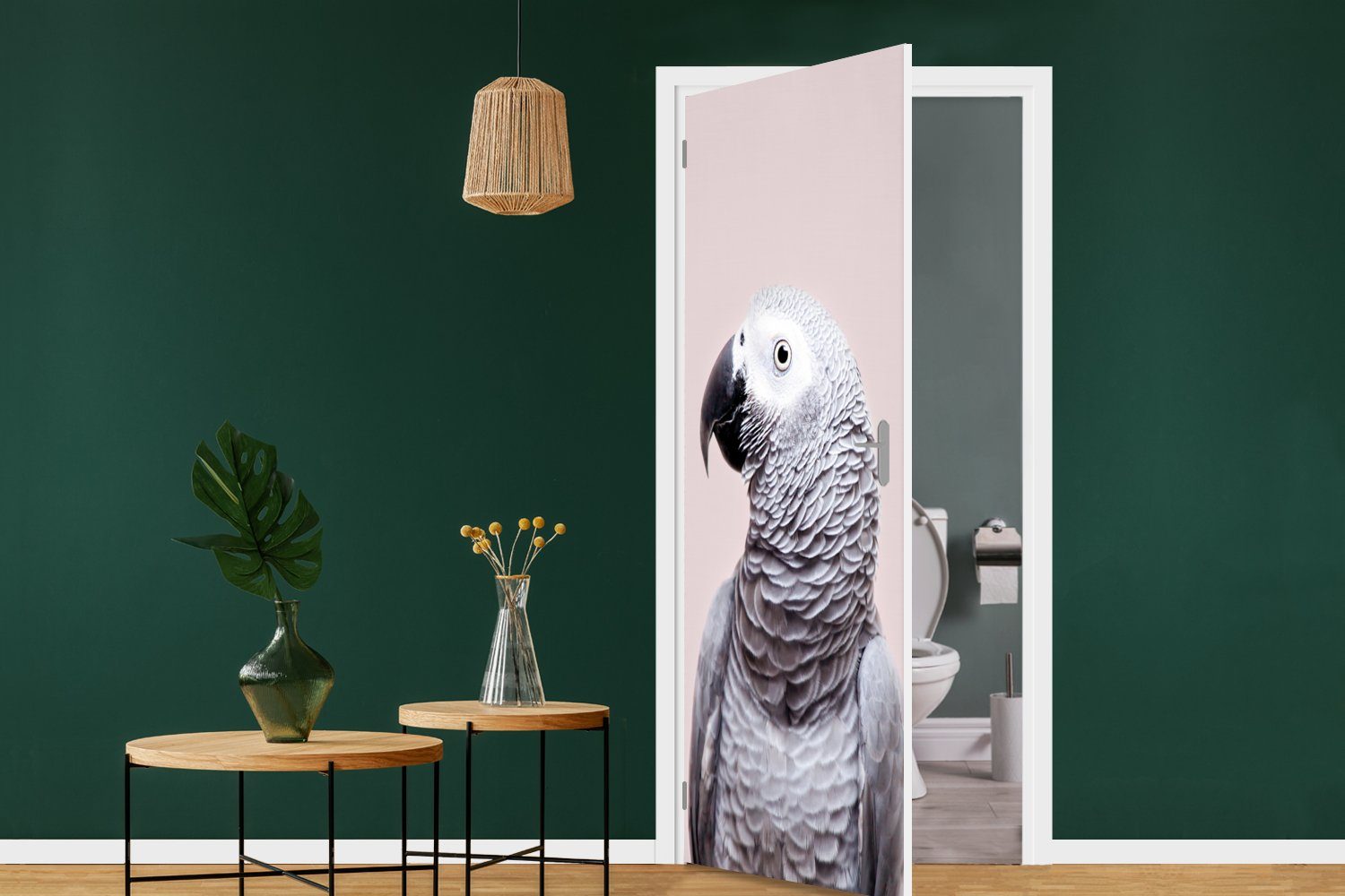 MuchoWow Türtapete Papagei - (1 bedruckt, Matt, Grau 75x205 Natur, - für Tür, - Fototapete Türaufkleber, St), cm Tiere
